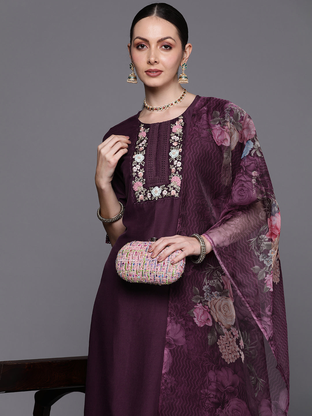 Women's Purple Cotton Blend Kurta Set - Taantav