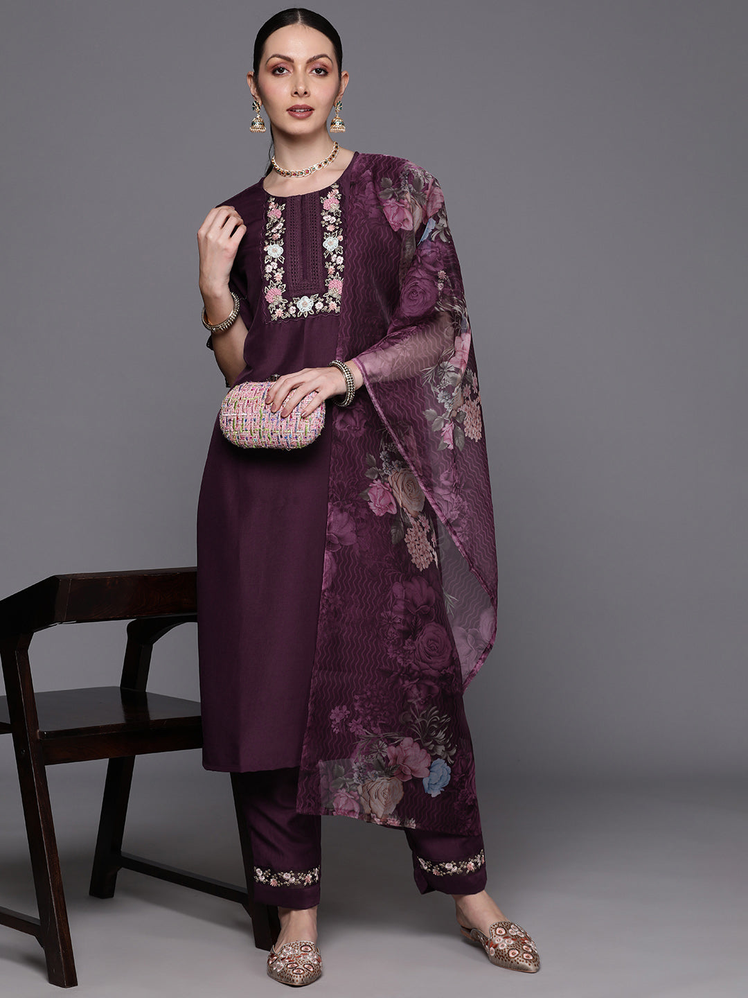 Women's Purple Cotton Blend Kurta Set - Taantav