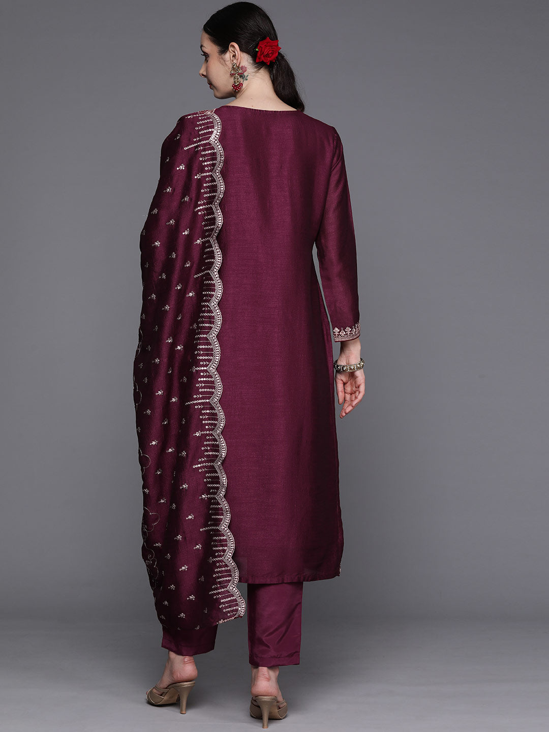 Women's Burgundy Silk Blend Kurta Set - Taantav