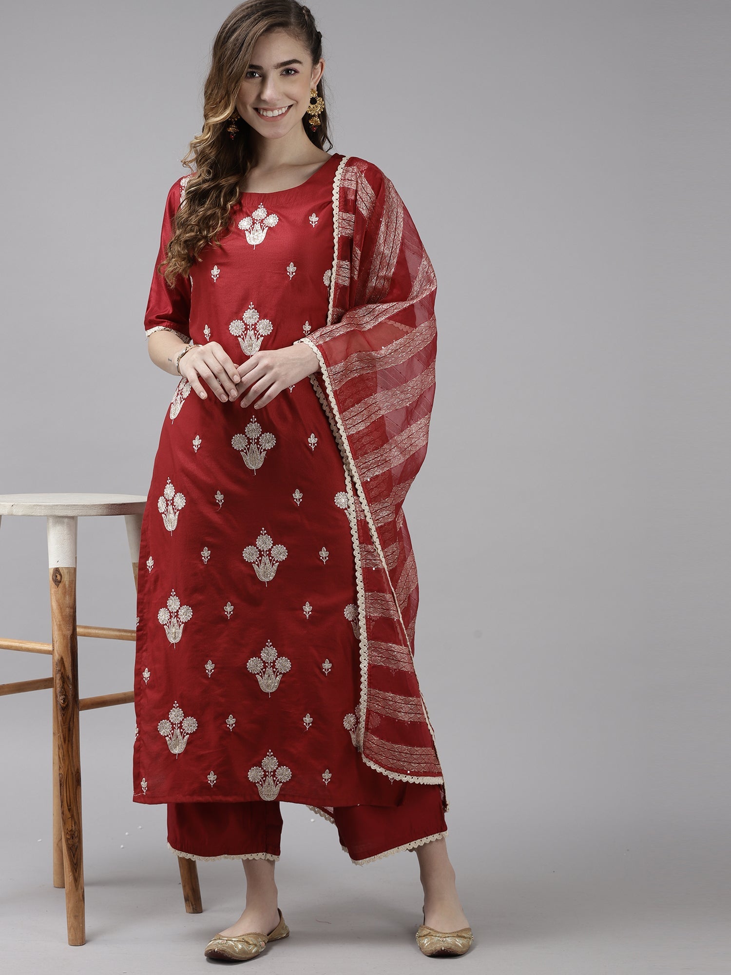 Women's Red Liva Kurta Set - Taantav