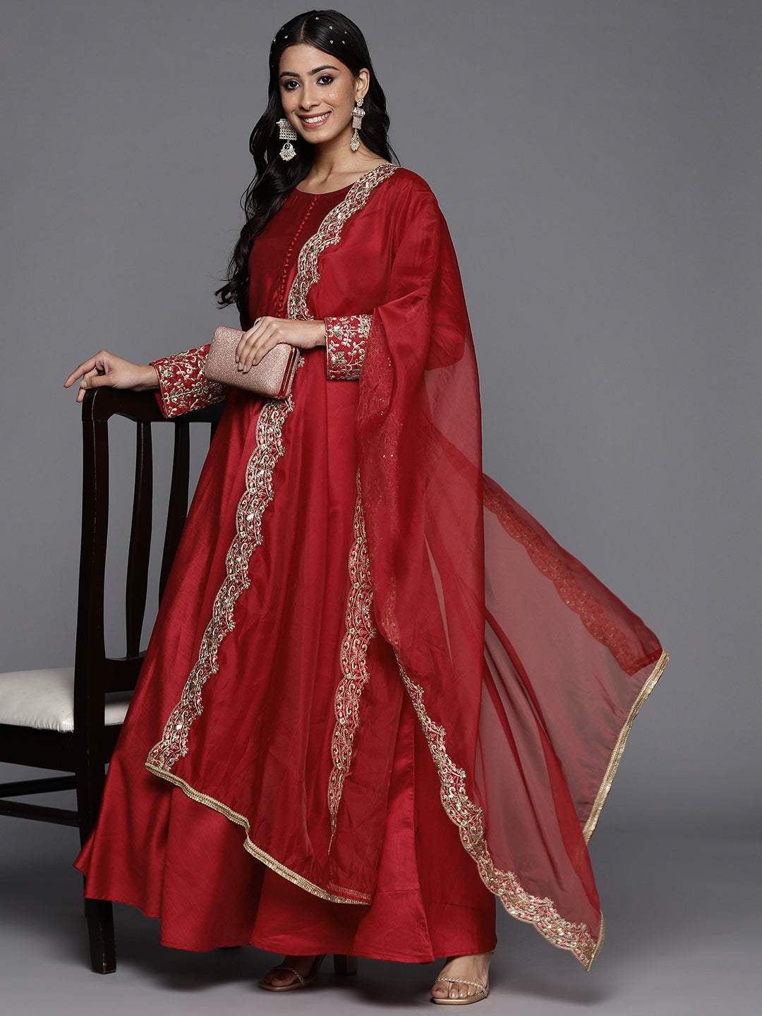 Women's Red Liva Kurta Set - Taantav