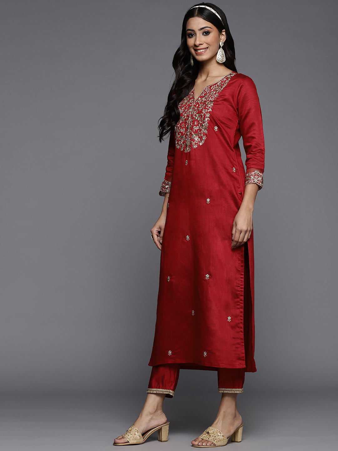 Women's Red Liva Kurta Set - Taantav