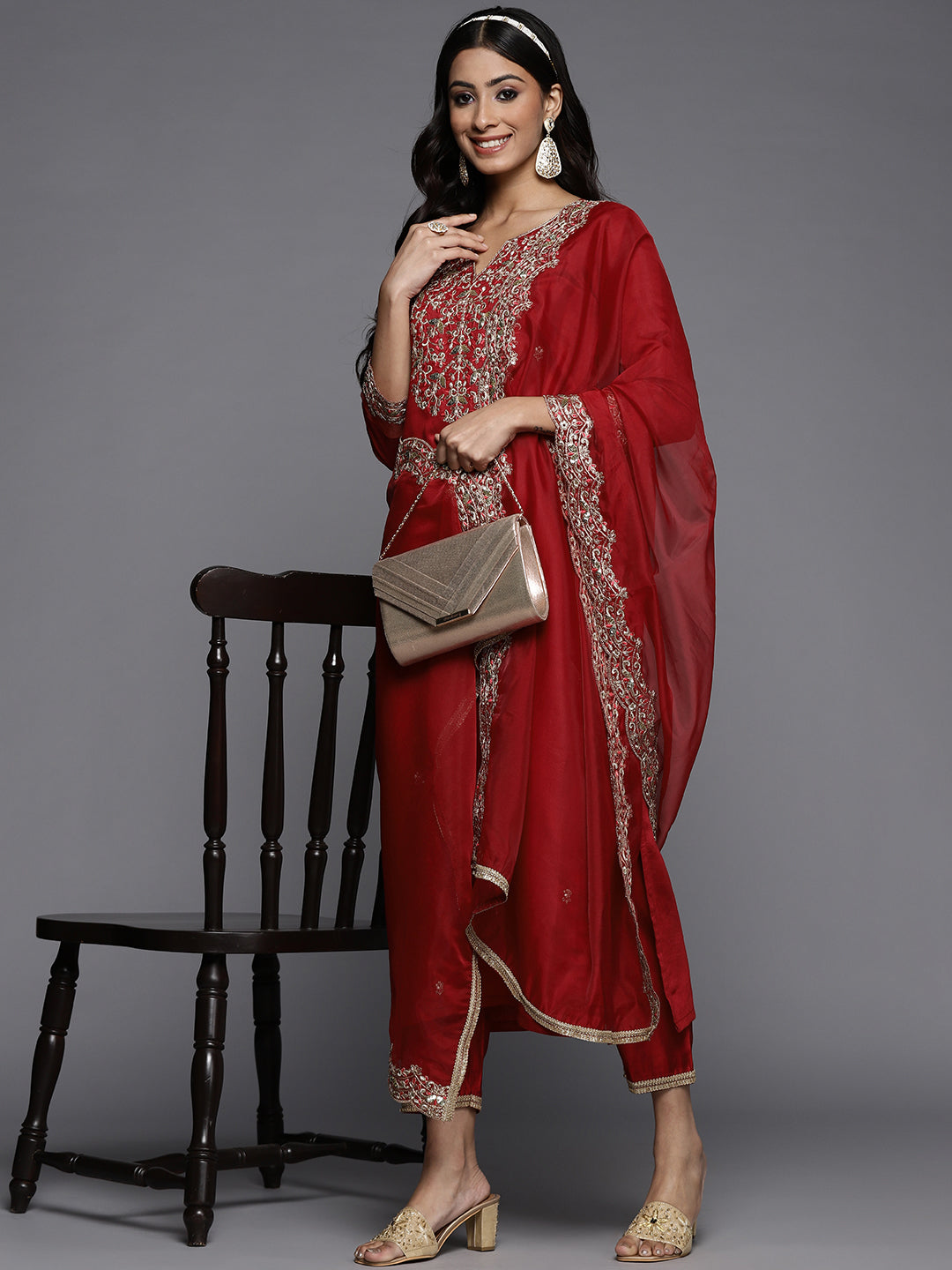 Women's Red Liva Kurta Set - Taantav