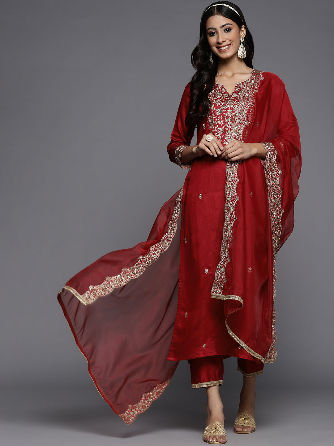 Women's Red Liva Kurta Set - Taantav