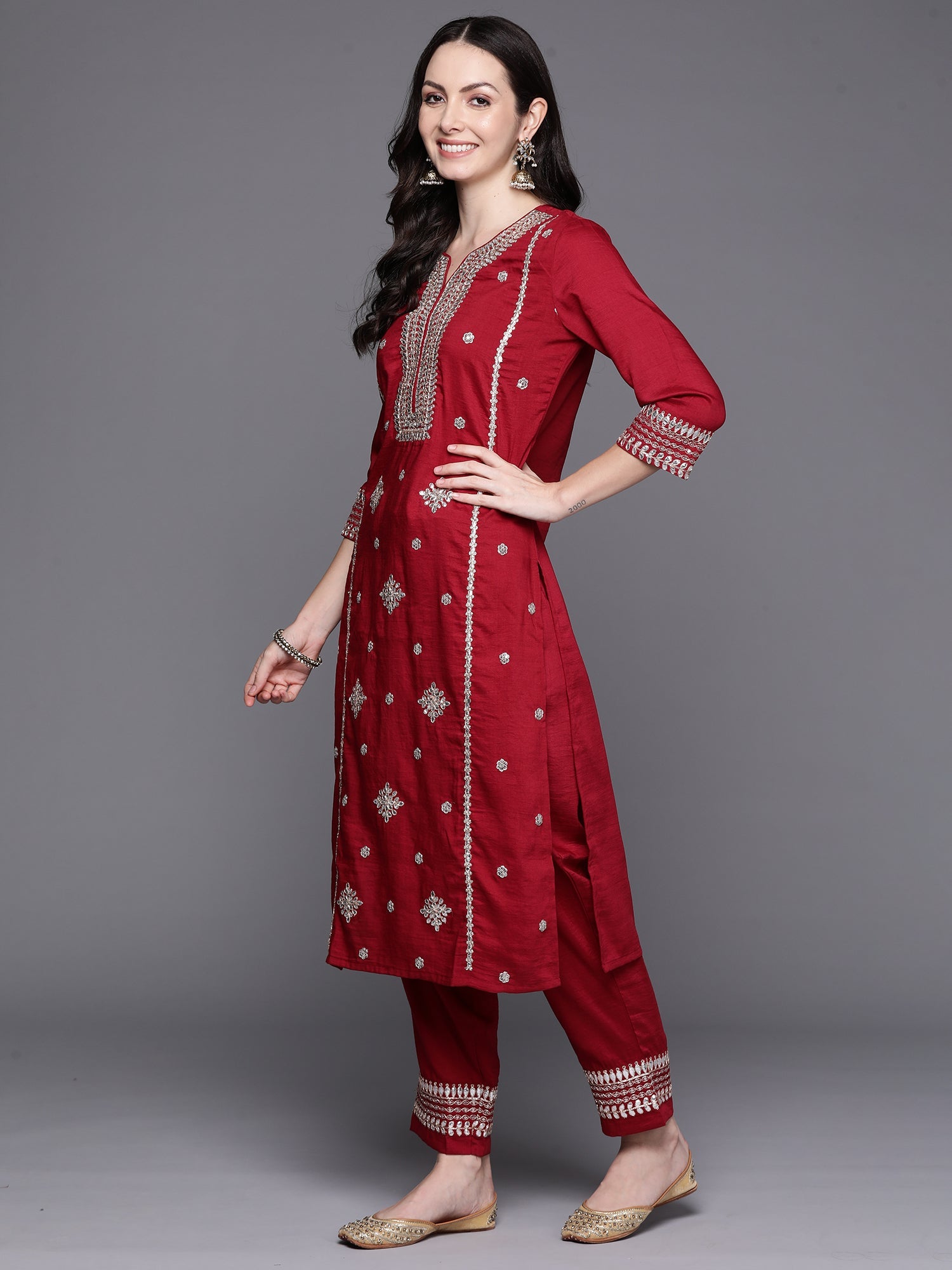 Women's Maroon Poly Silk Kurta Set - Taantav