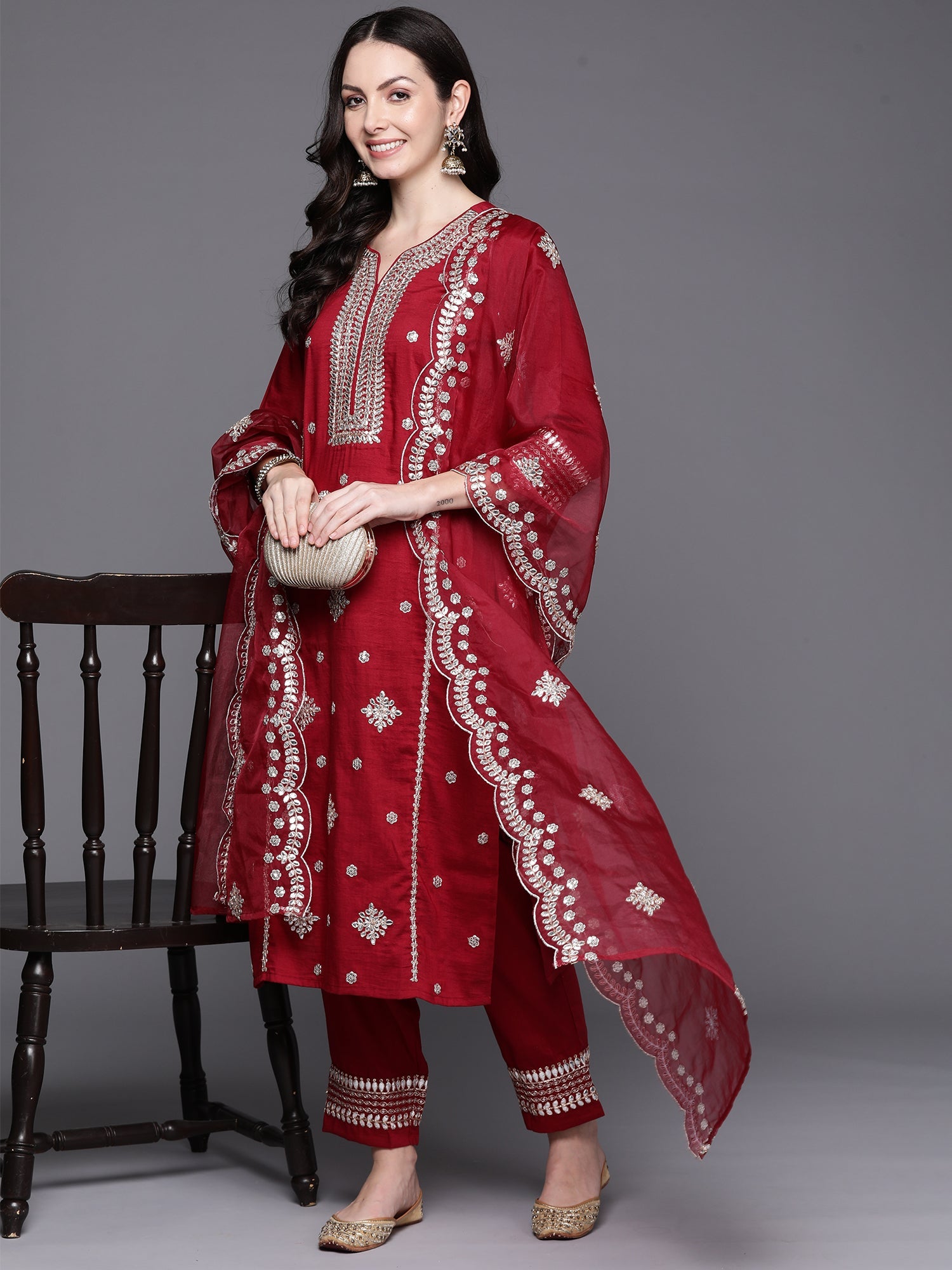 Women's Maroon Poly Silk Kurta Set - Taantav