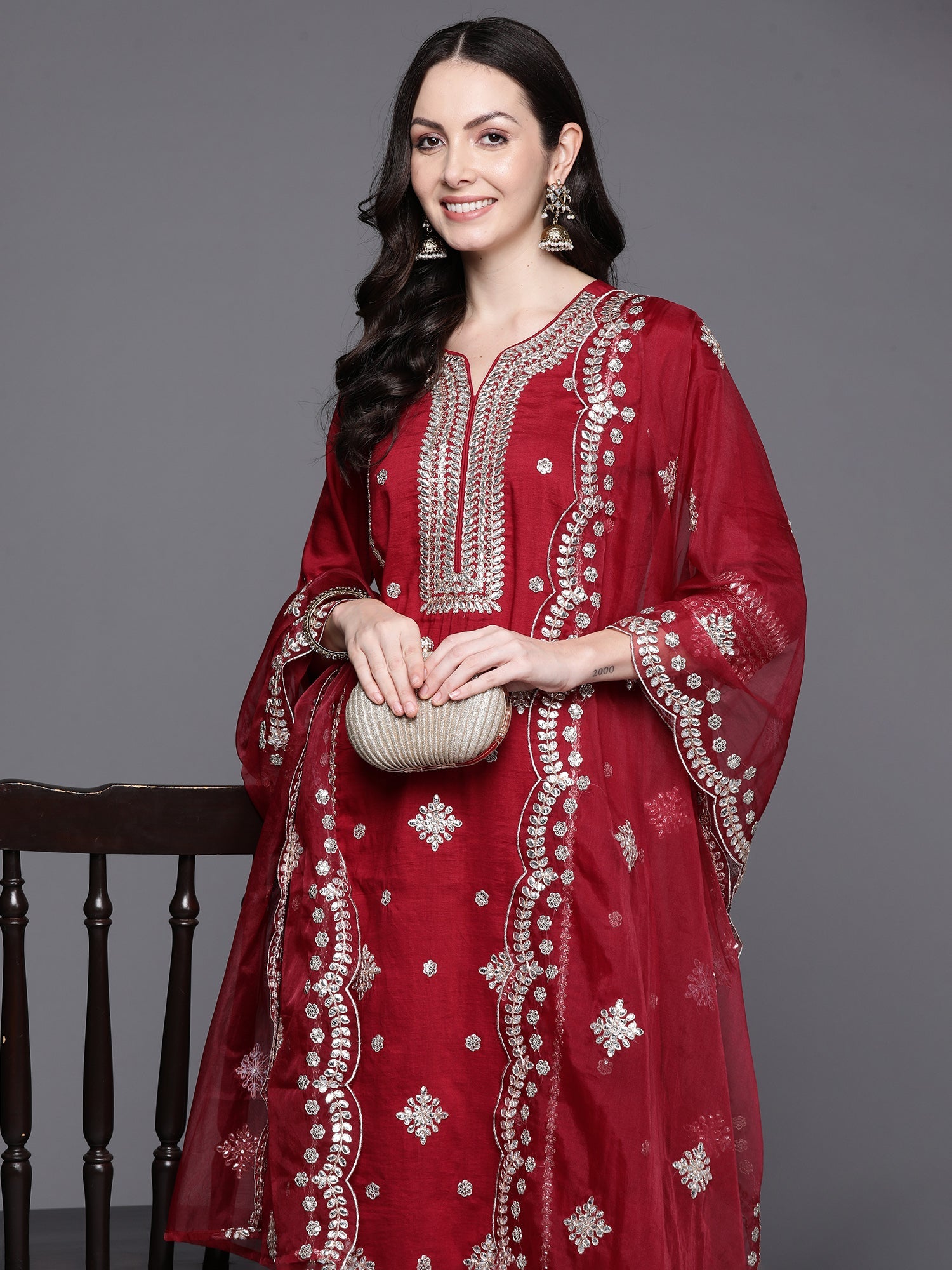 Women's Maroon Poly Silk Kurta Set - Taantav