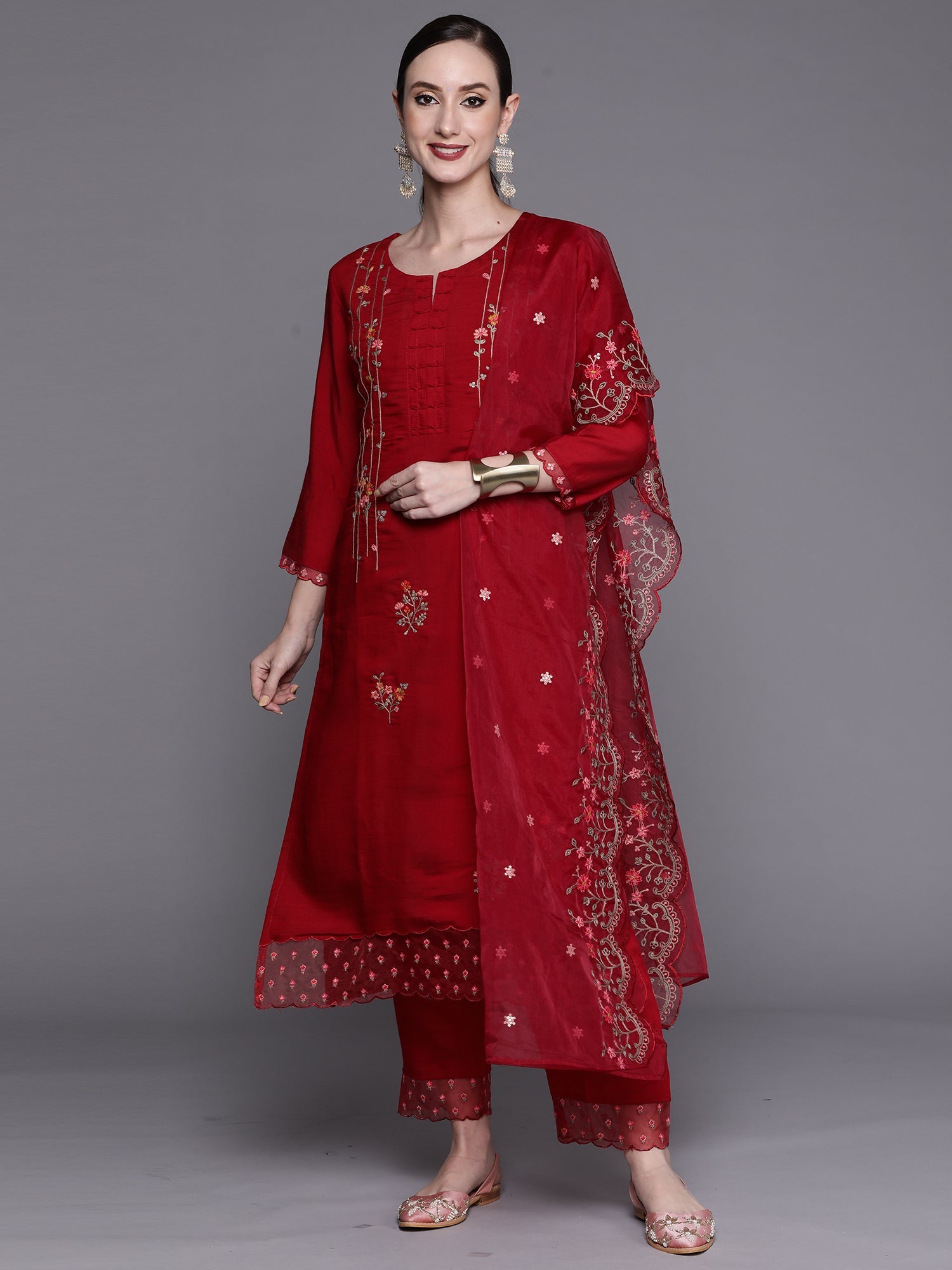 Women's Red Viscose Rayon Kurta Set - Taantav