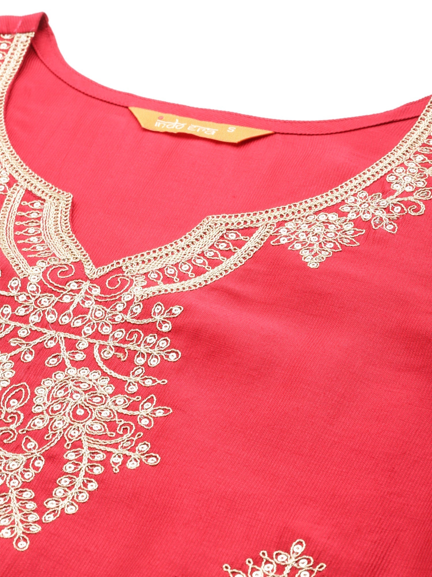 Women's Red Embroidered Straight Kurta Trousers With Dupatta Set