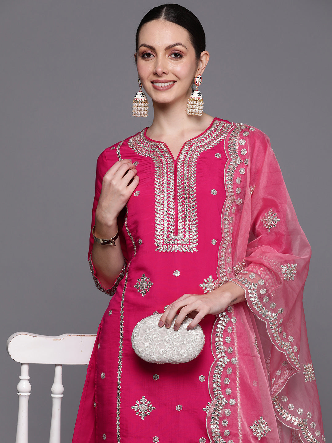 Women's Pink Poly Silk Kurta Set - Taantav