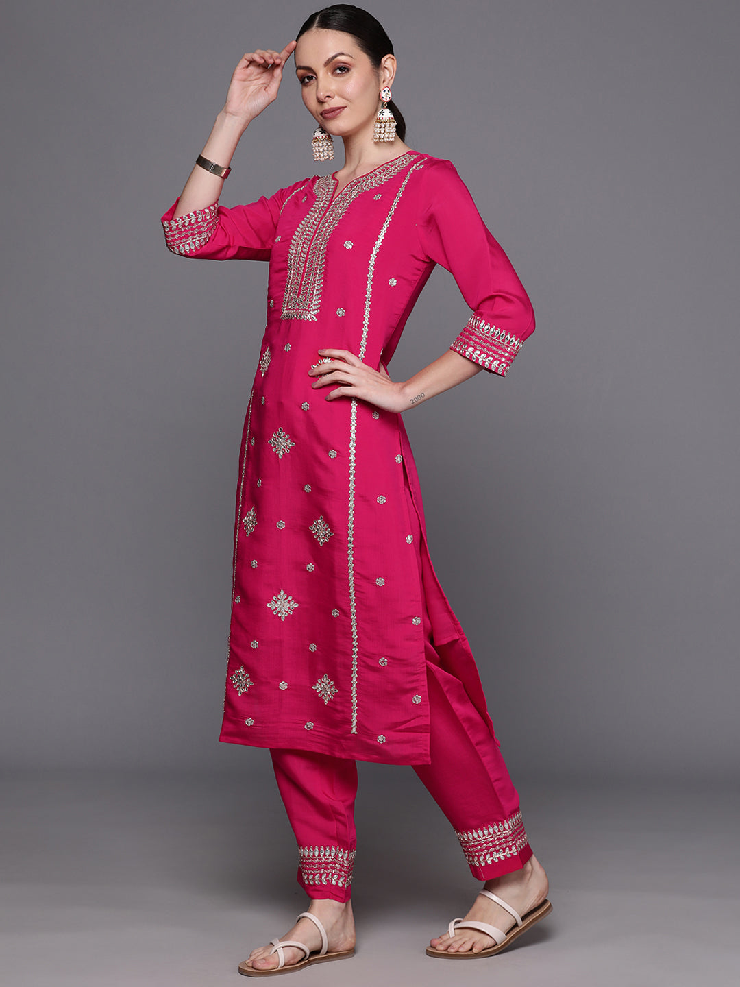 Women's Pink Poly Silk Kurta Set - Taantav