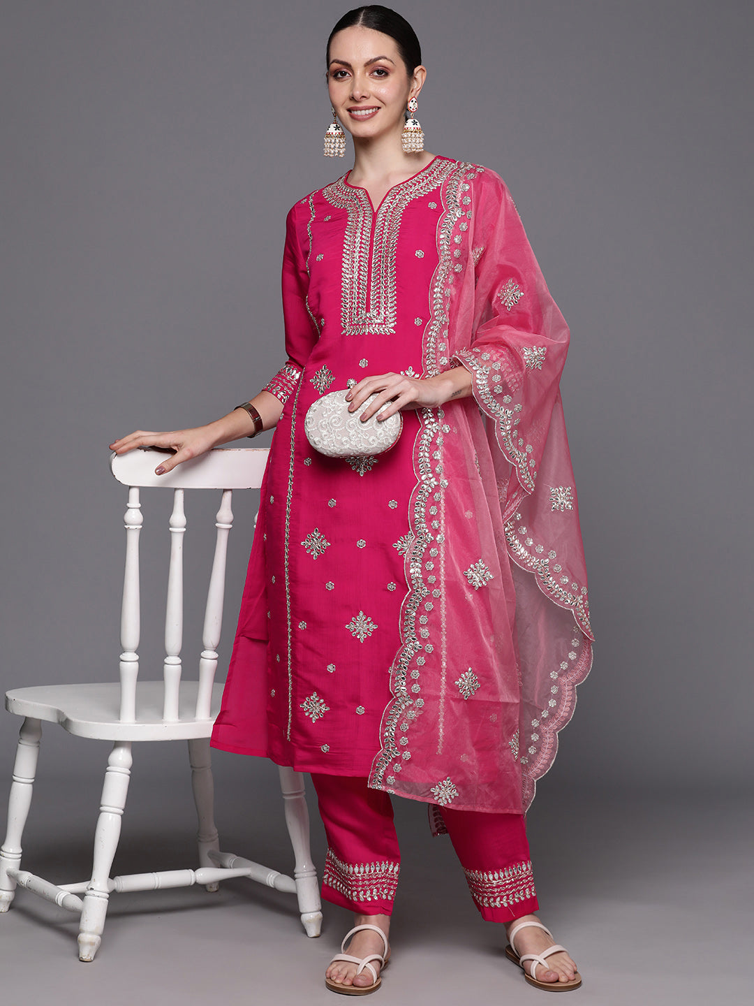 Women's Pink Poly Silk Kurta Set - Taantav