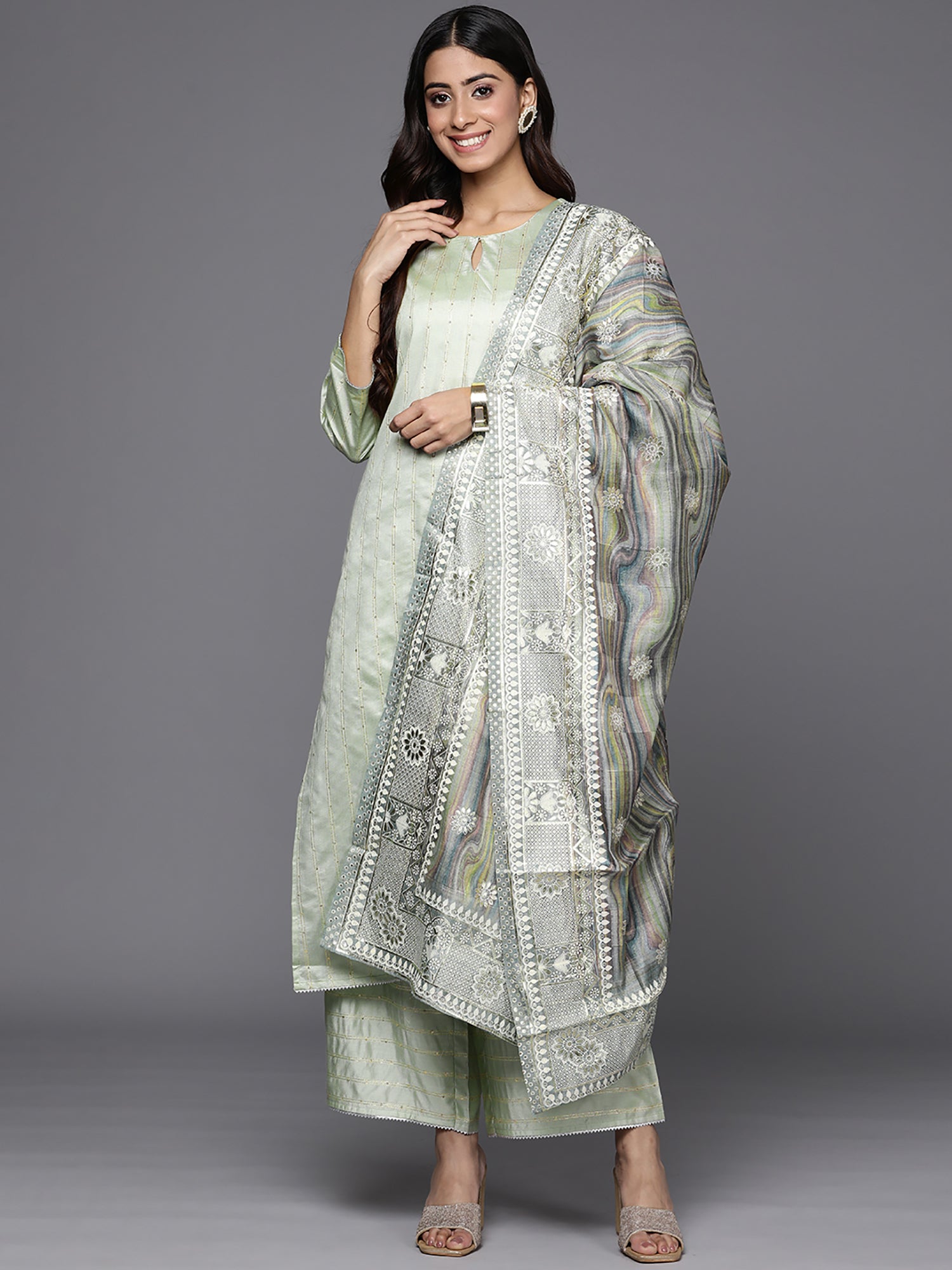 Women's Sea Green Silk Blend Kurta Set - Taantav