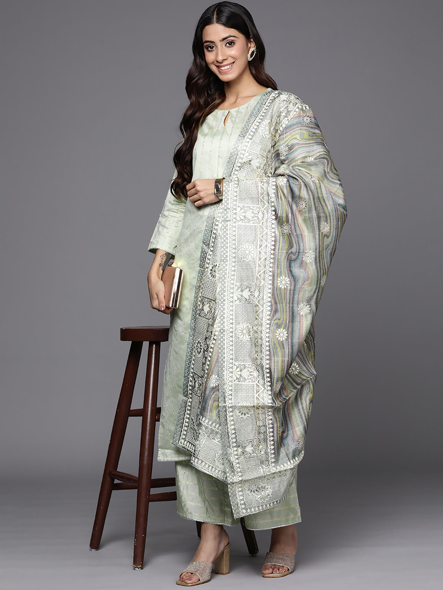 Women's Sea Green Silk Blend Kurta Set - Taantav