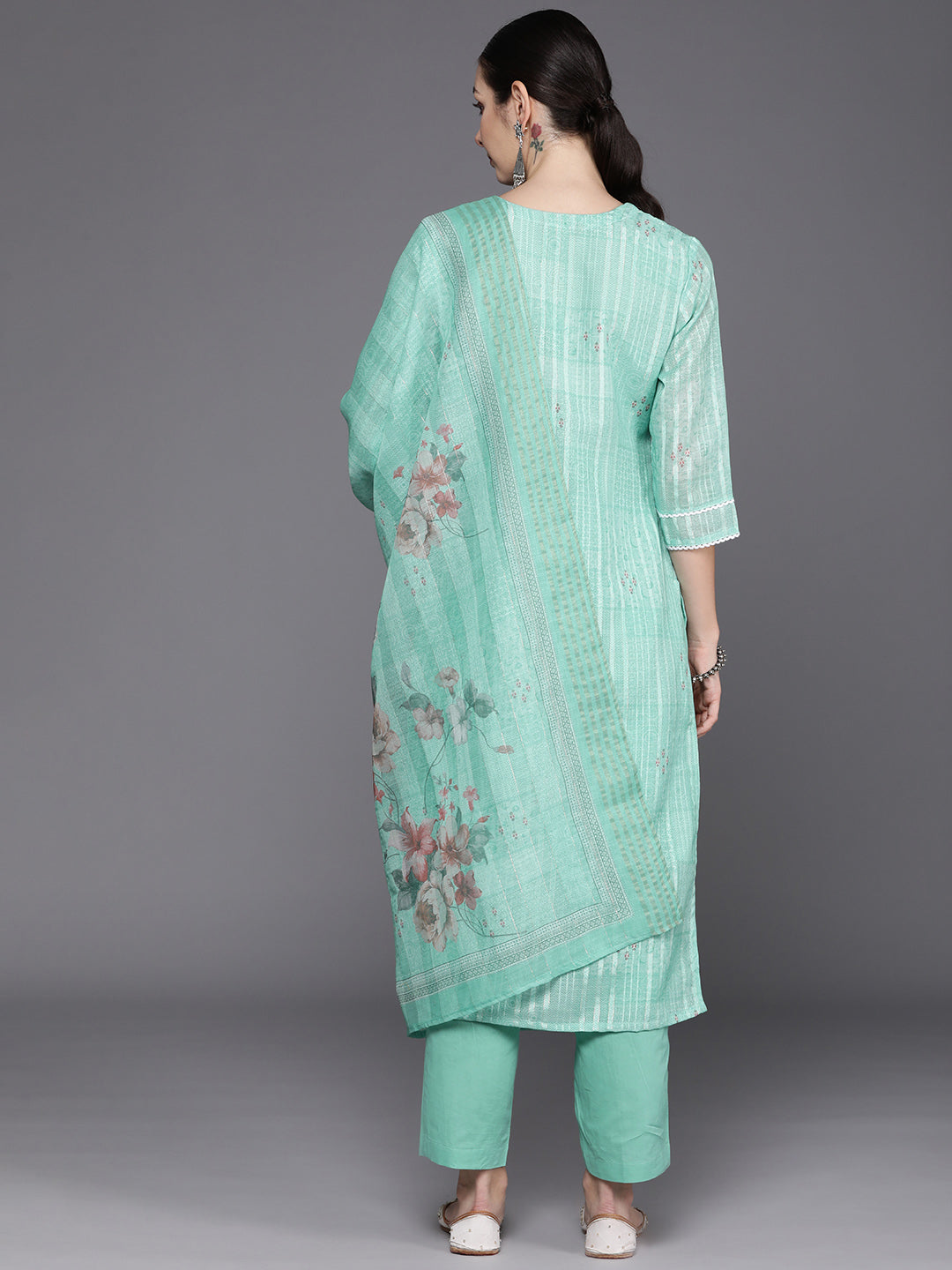 Women's Sea Green Linen Kurta Set - Taantav