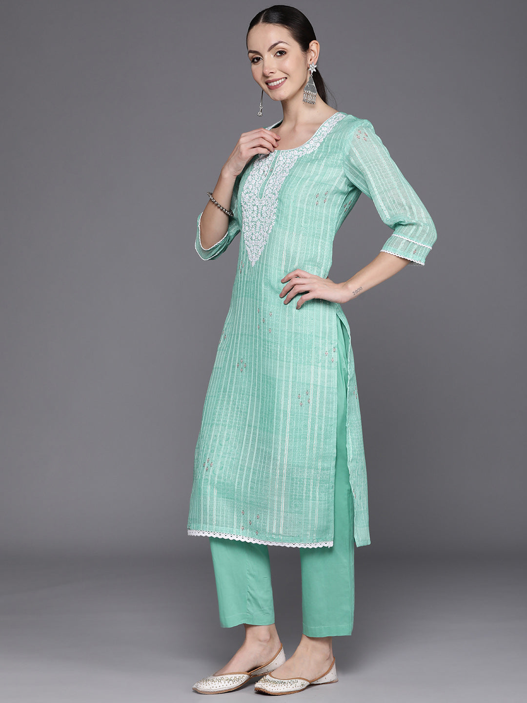 Women's Sea Green Linen Kurta Set - Taantav