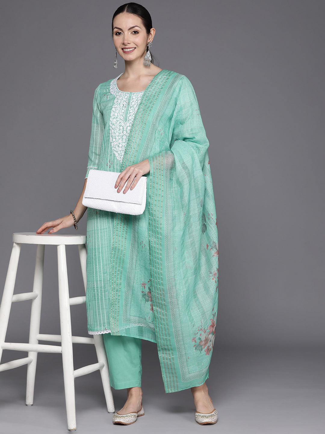 Women's Sea Green Linen Kurta Set - Taantav