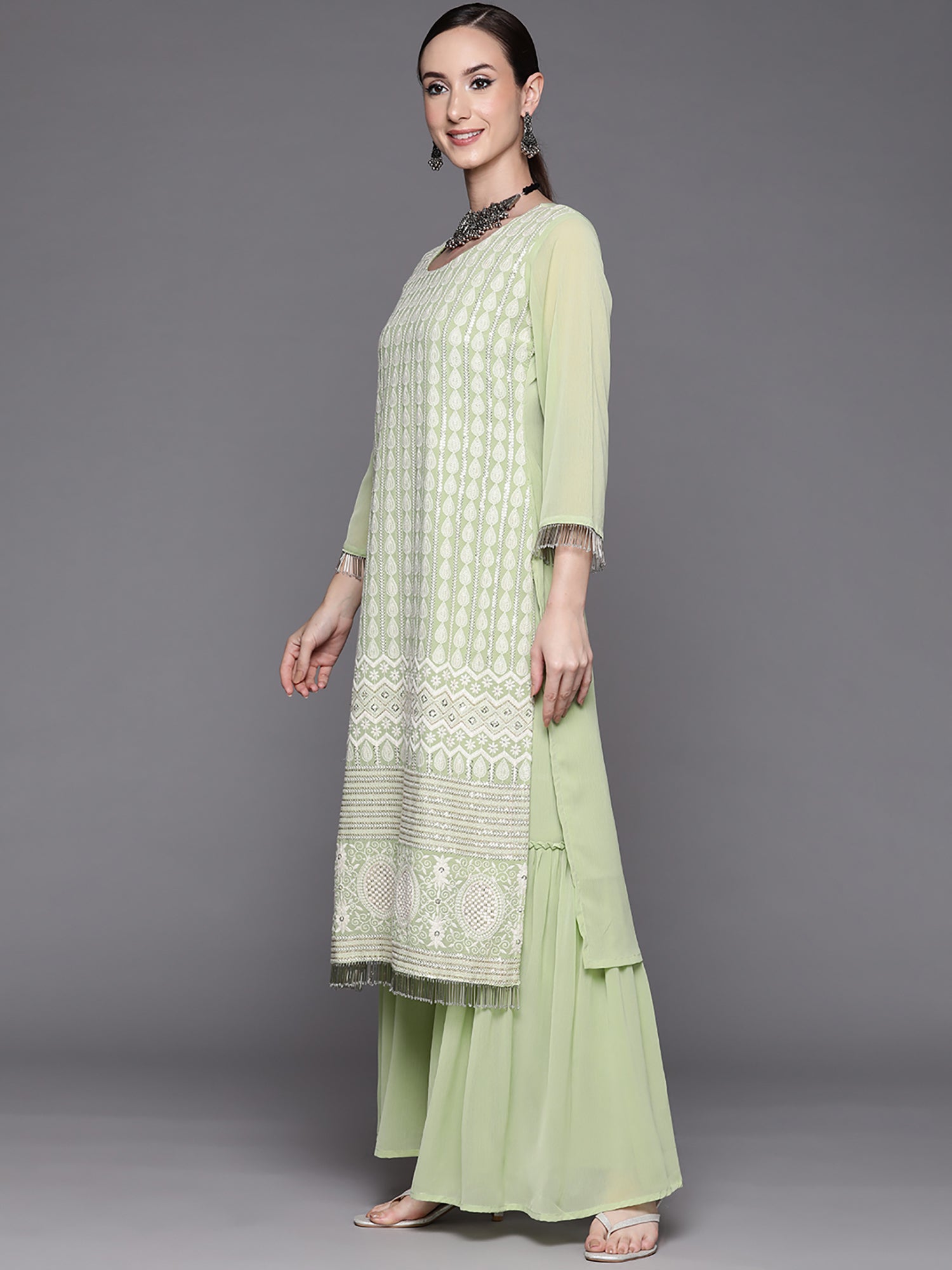 Women's Sea Green Poly Georgette Kurta Set - Taantav