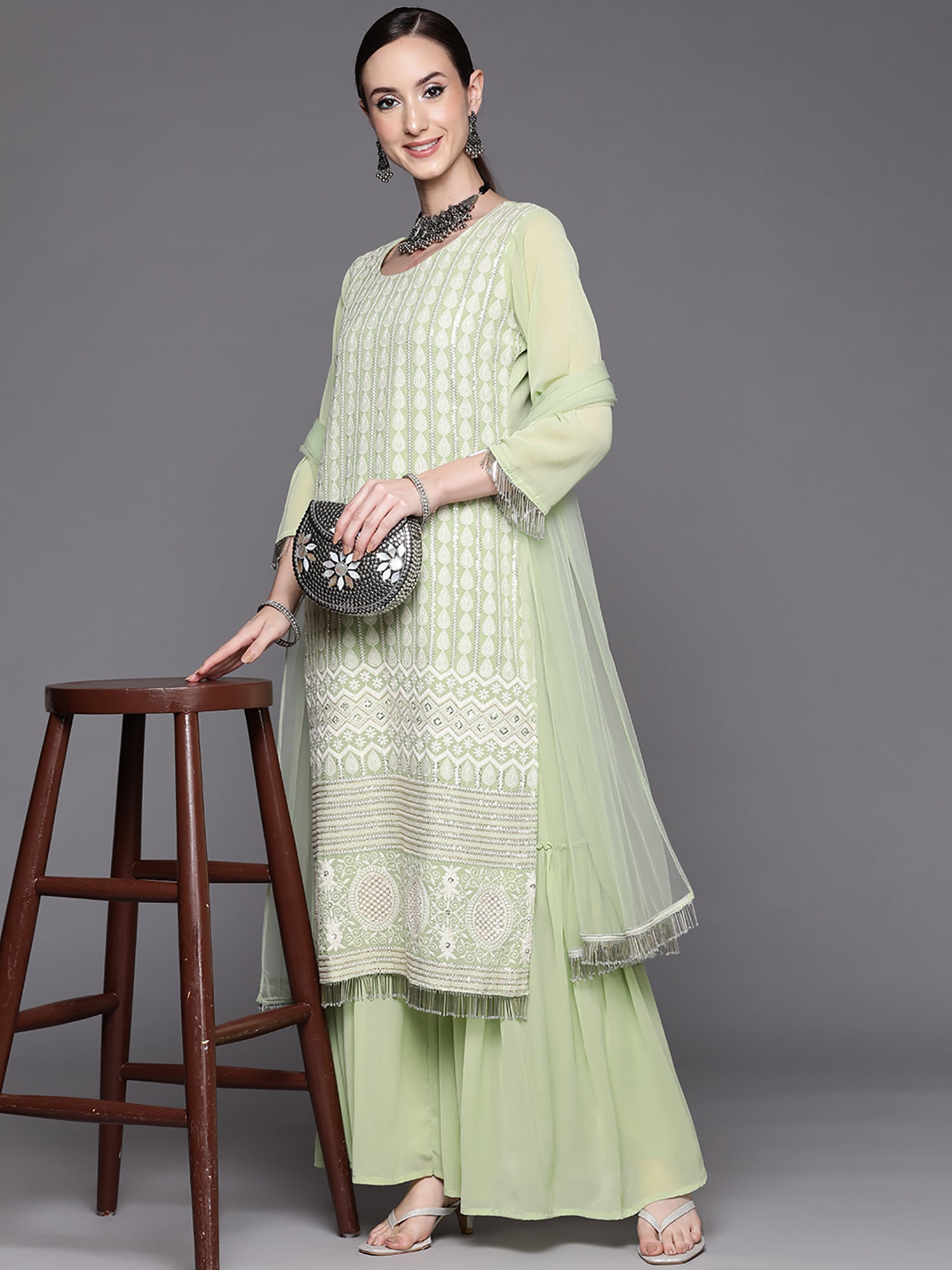 Women's Sea Green Poly Georgette Kurta Set - Taantav