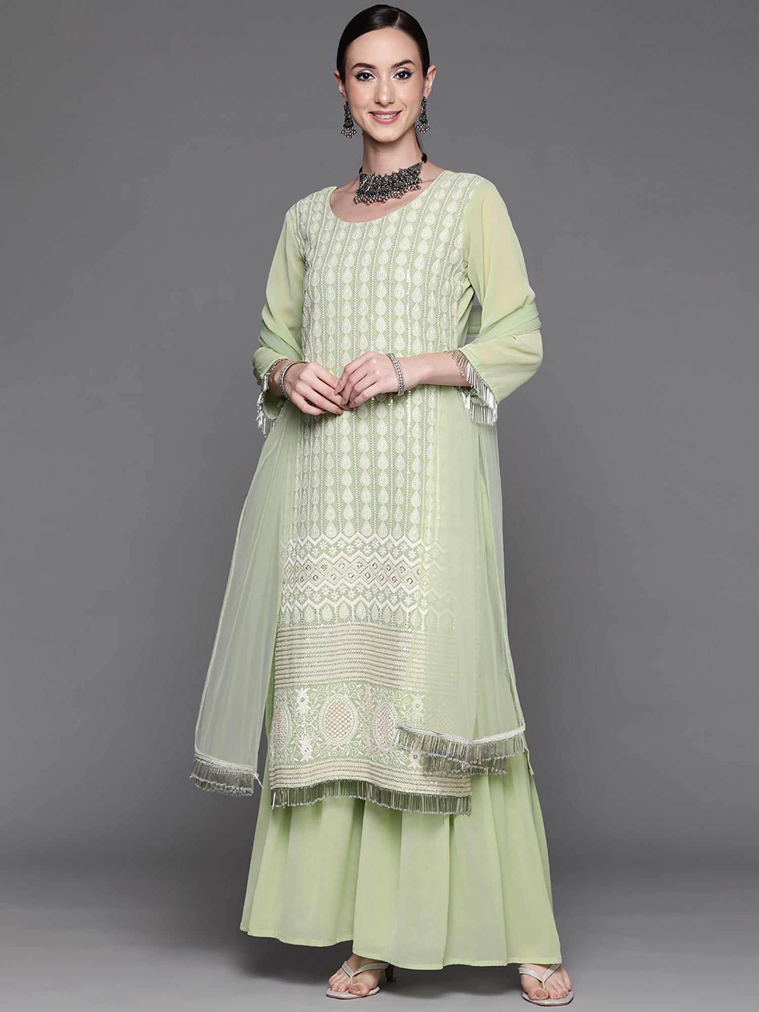 Women's Sea Green Poly Georgette Kurta Set - Taantav