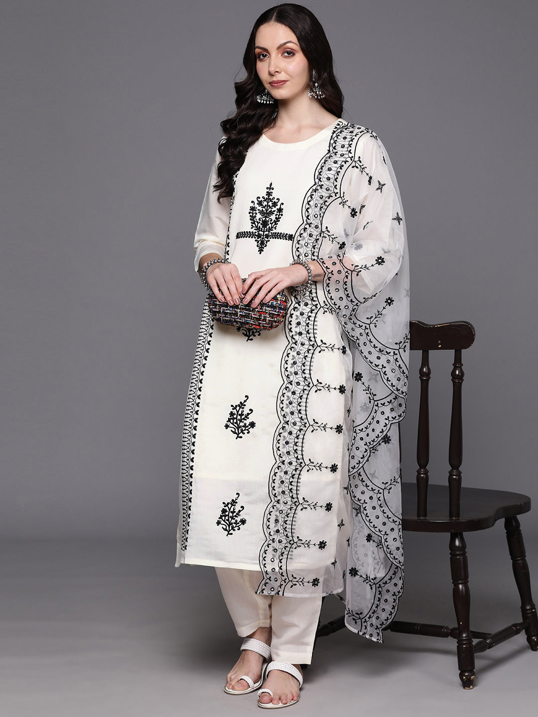 Women's White Poly Silk Kurta Set - Taantav