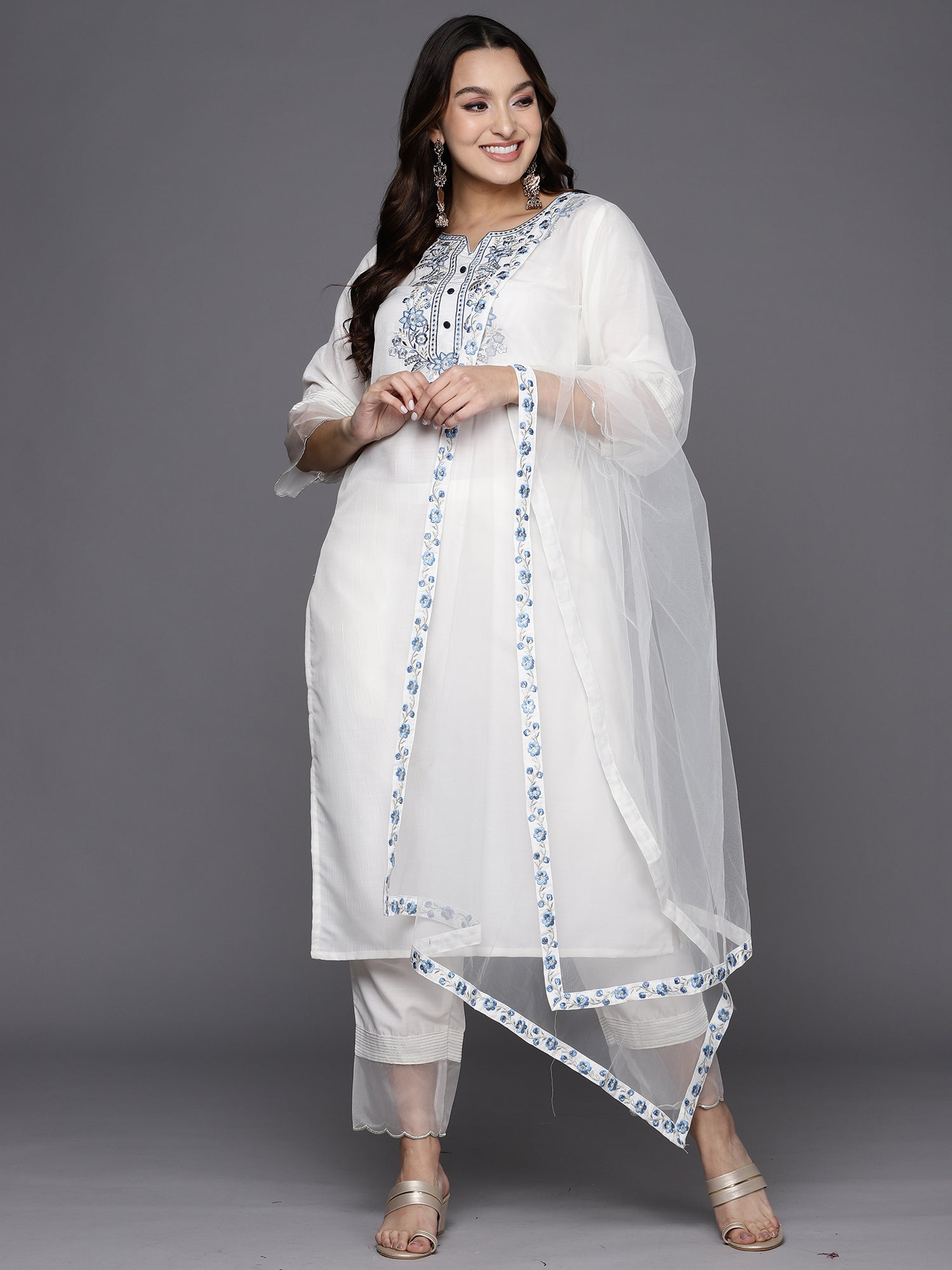 Women's White Cotton Blend Kurta Set - Taantav