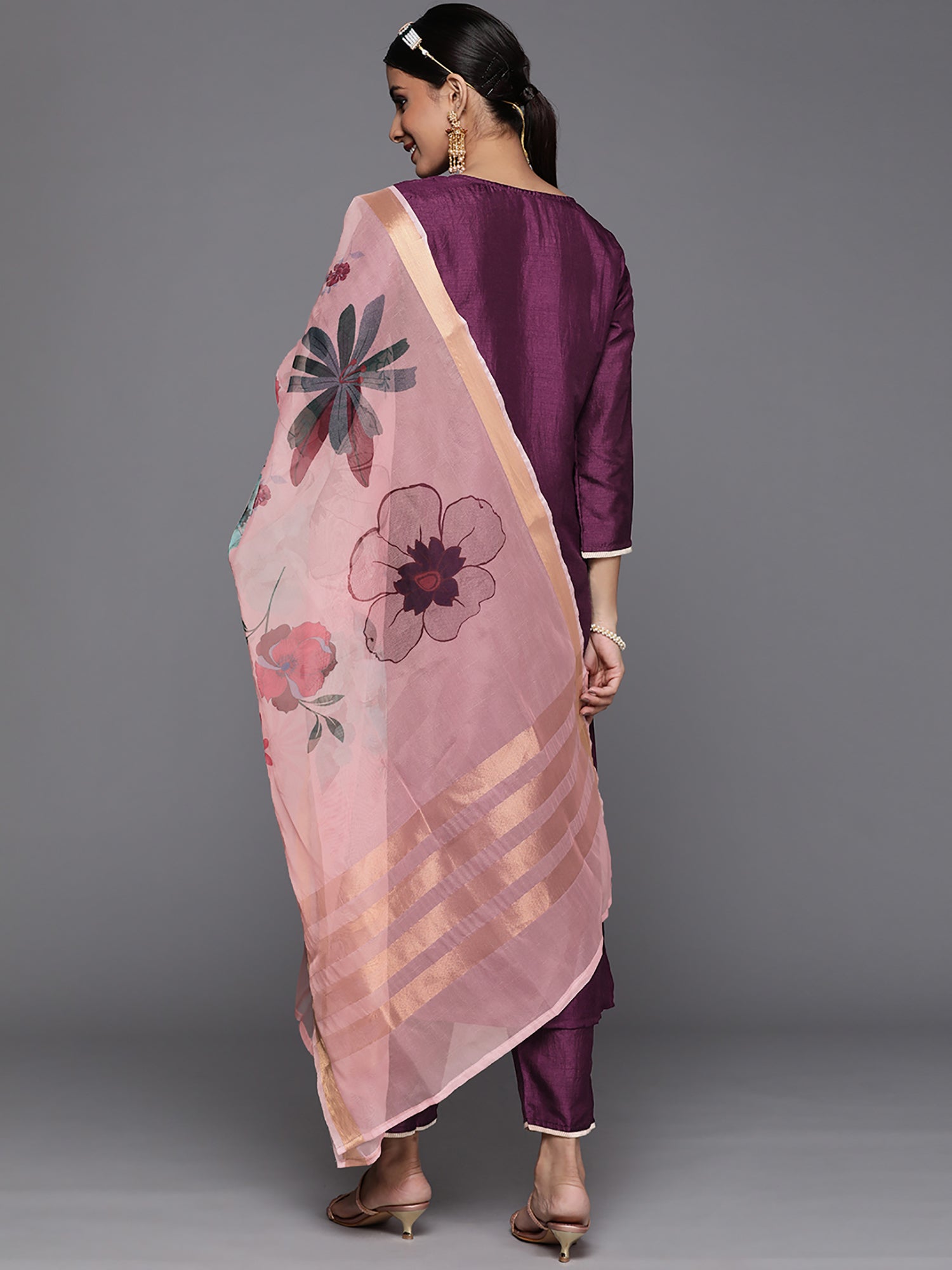 Women's Purple Polyester Kurta Set - Taantav