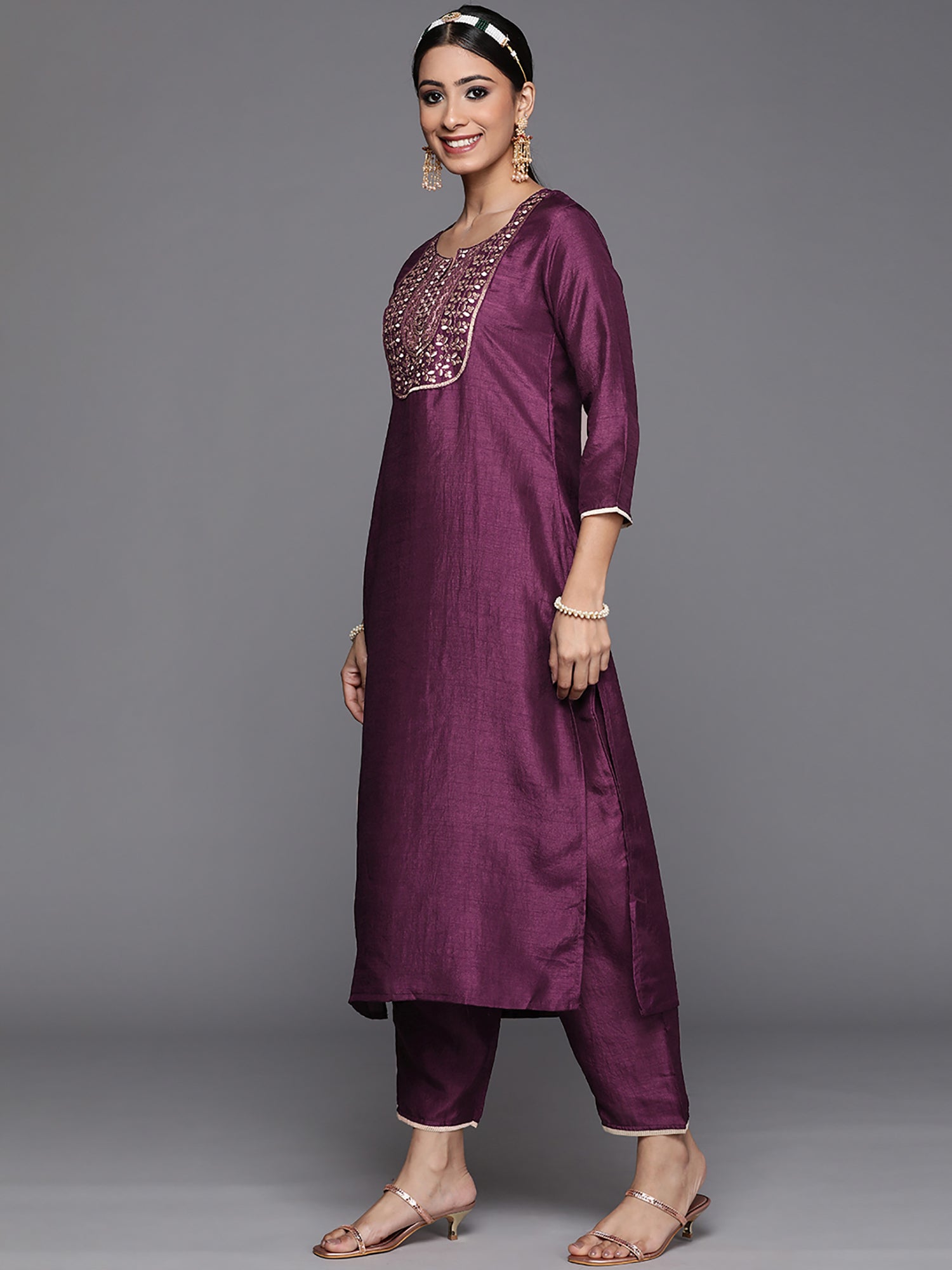 Women's Purple Polyester Kurta Set - Taantav