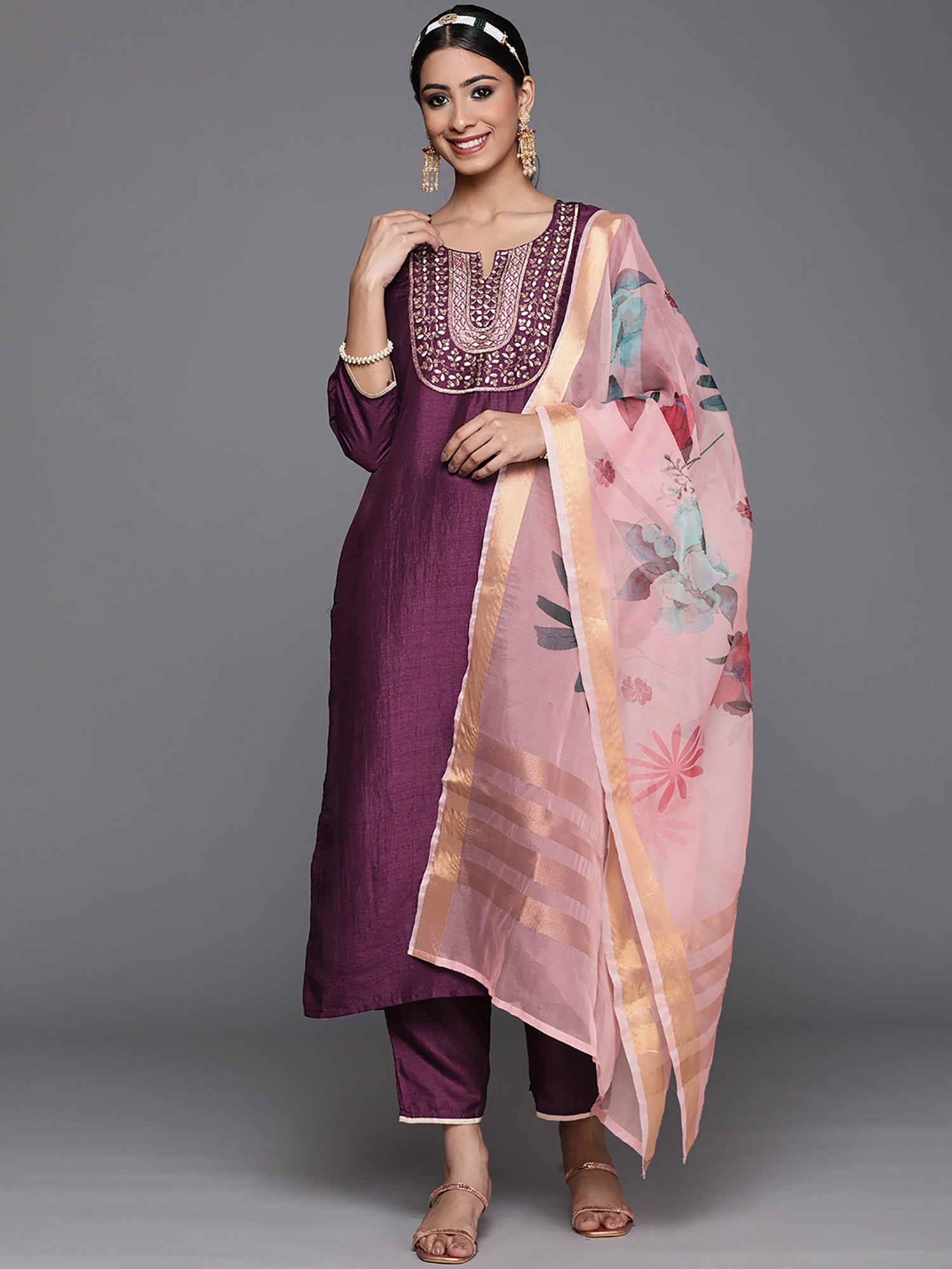 Women's Purple Polyester Kurta Set - Taantav