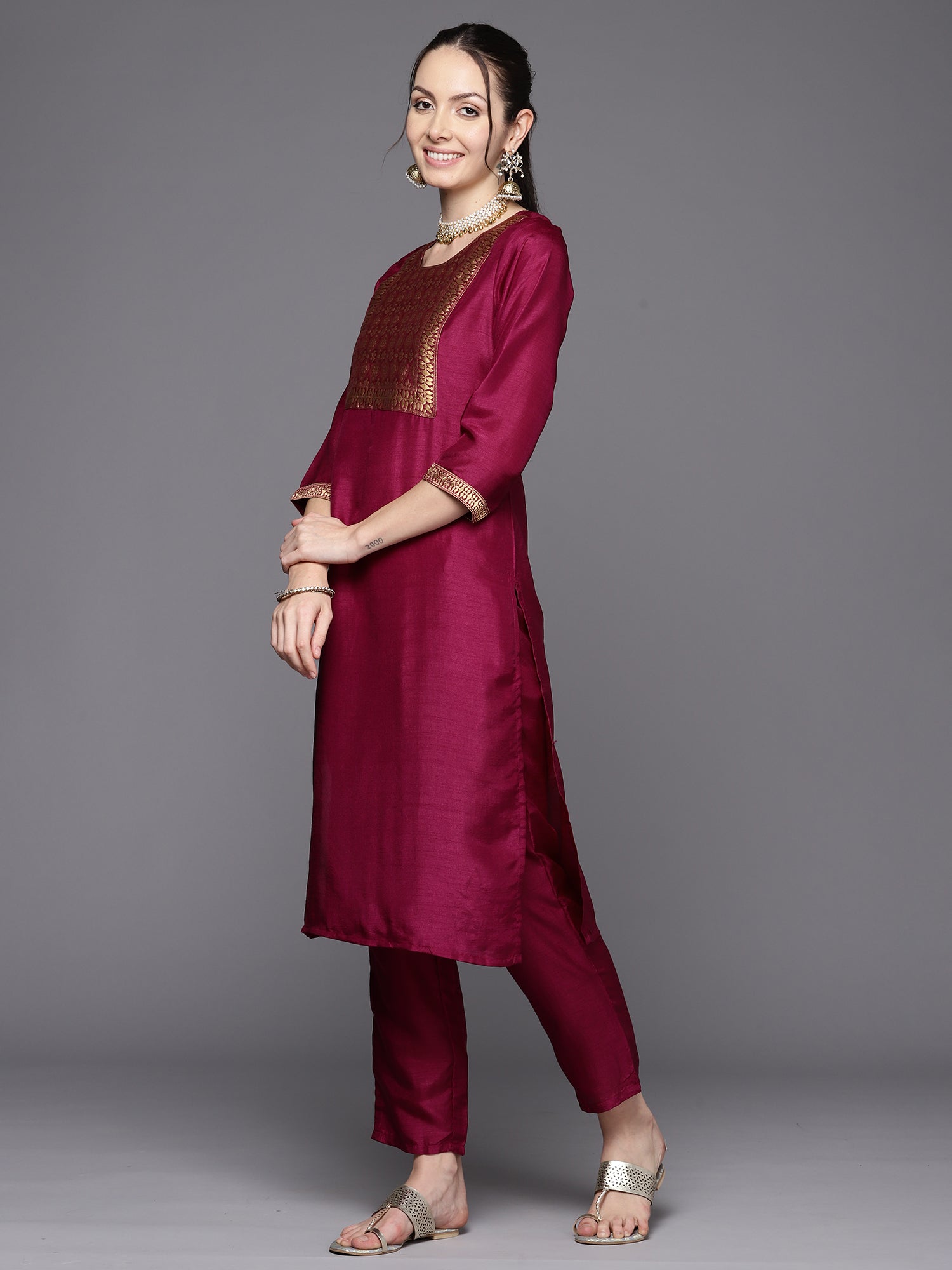 Women's Burgundy Polyester Kurta Set - Taantav