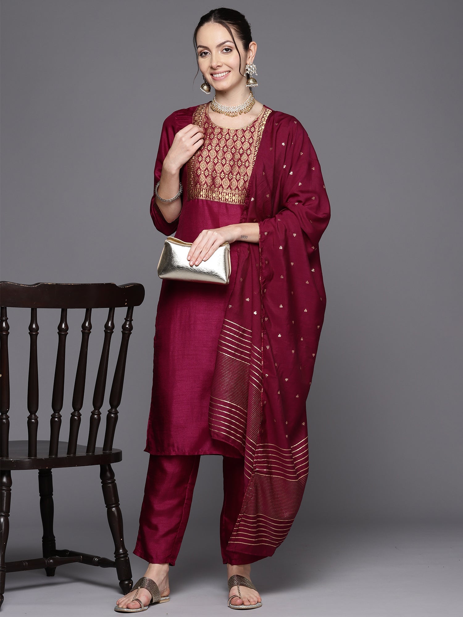 Women's Burgundy Polyester Kurta Set - Taantav