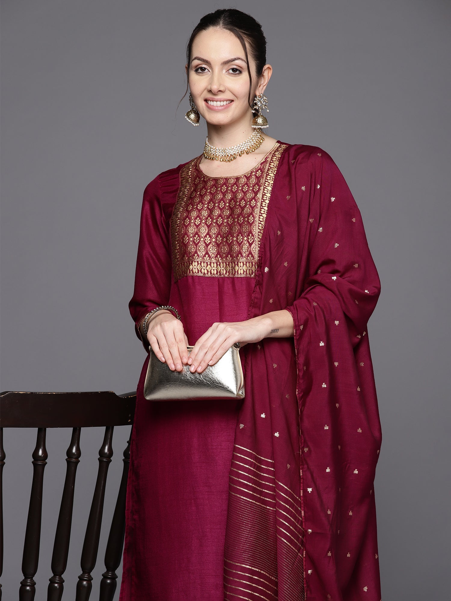 Women's Burgundy Polyester Kurta Set - Taantav