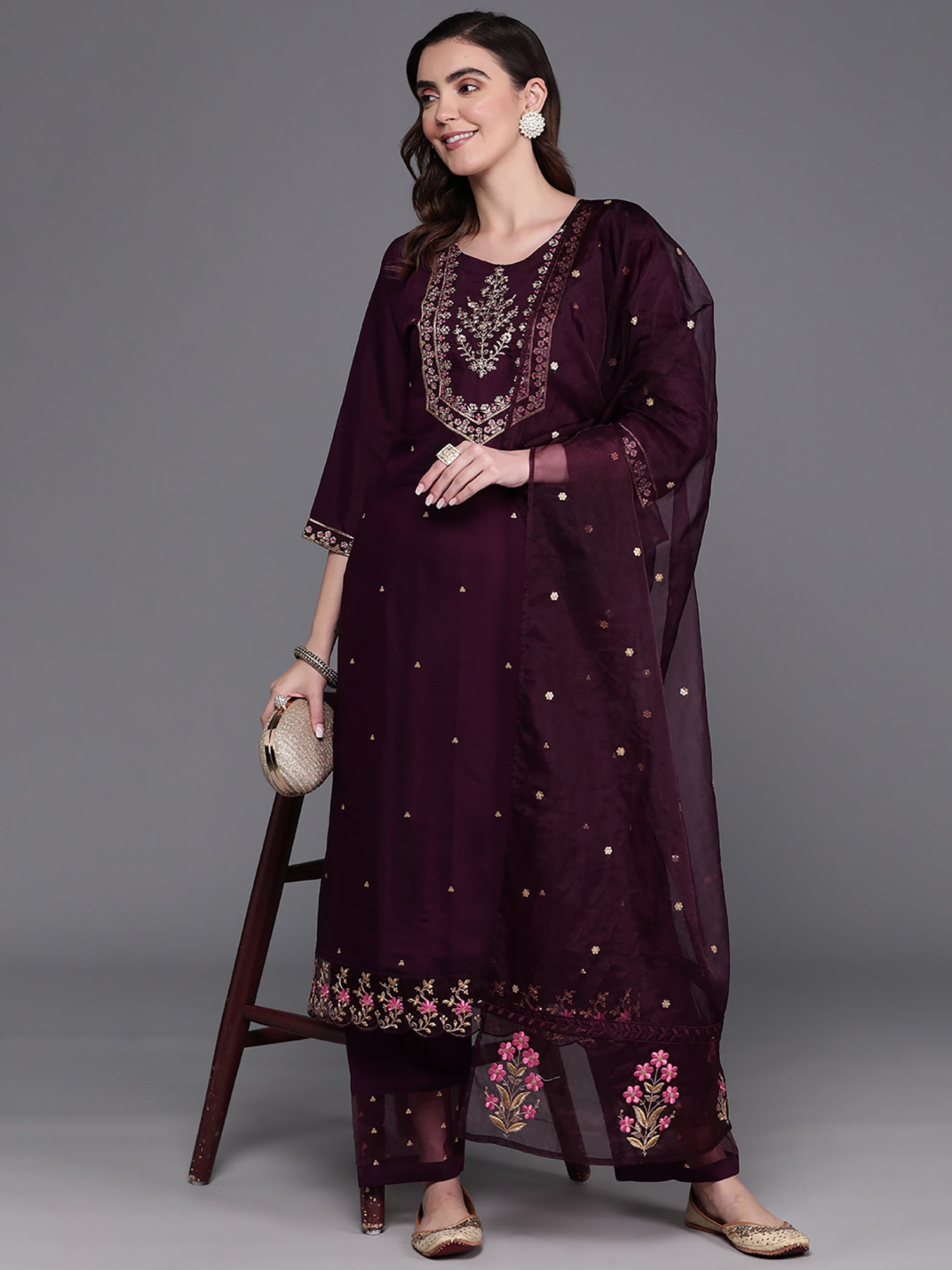 Women's Burgundy Poly Silk Kurta Set - Taantav