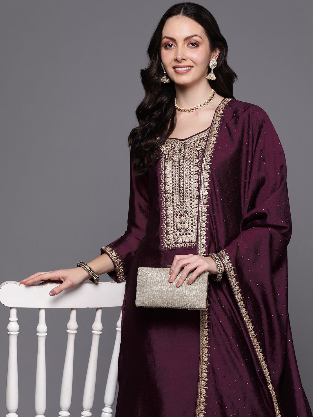 Women's Burgundy Polyester Kurta Set - Taantav