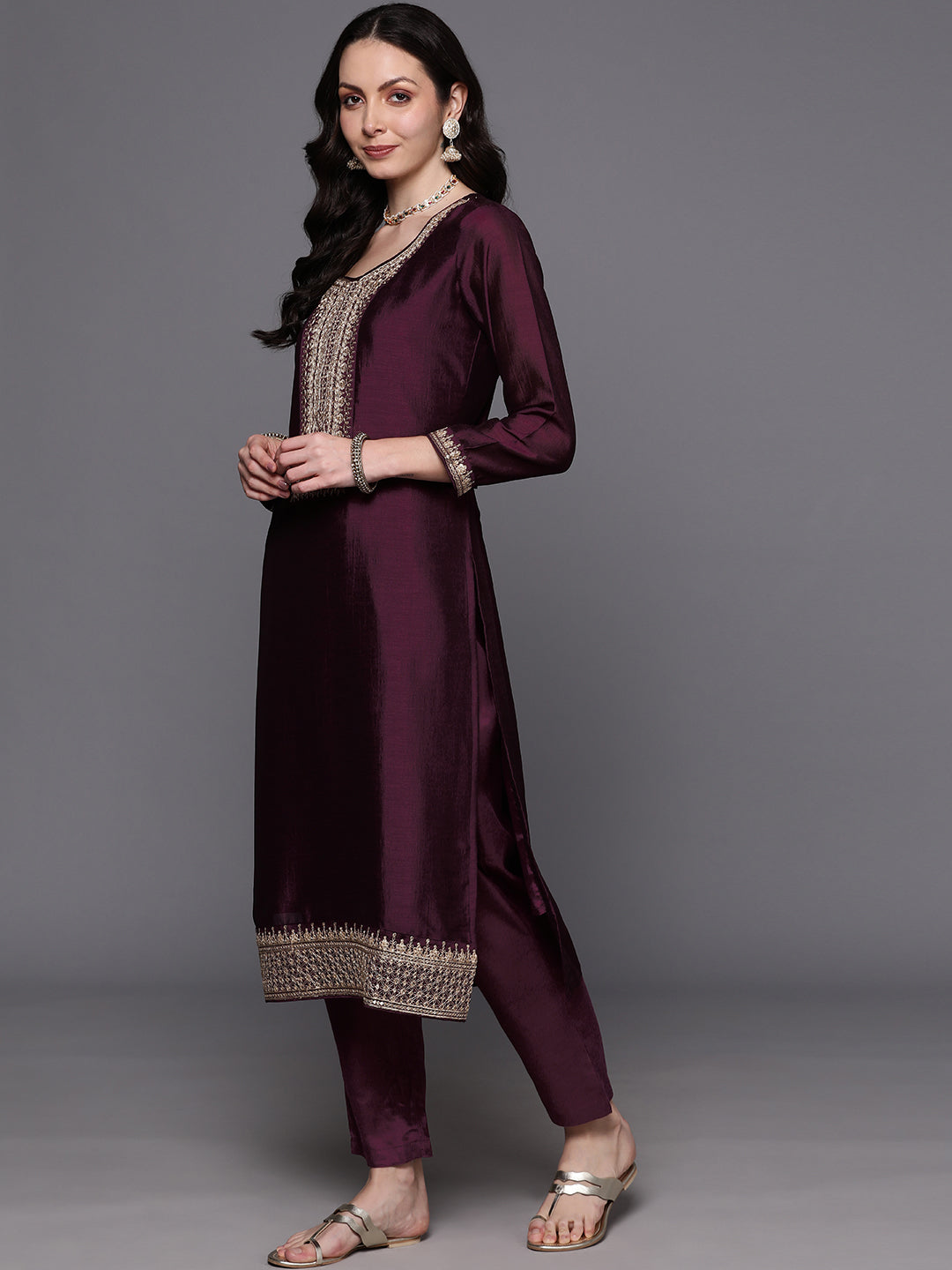 Women's Burgundy Polyester Kurta Set - Taantav