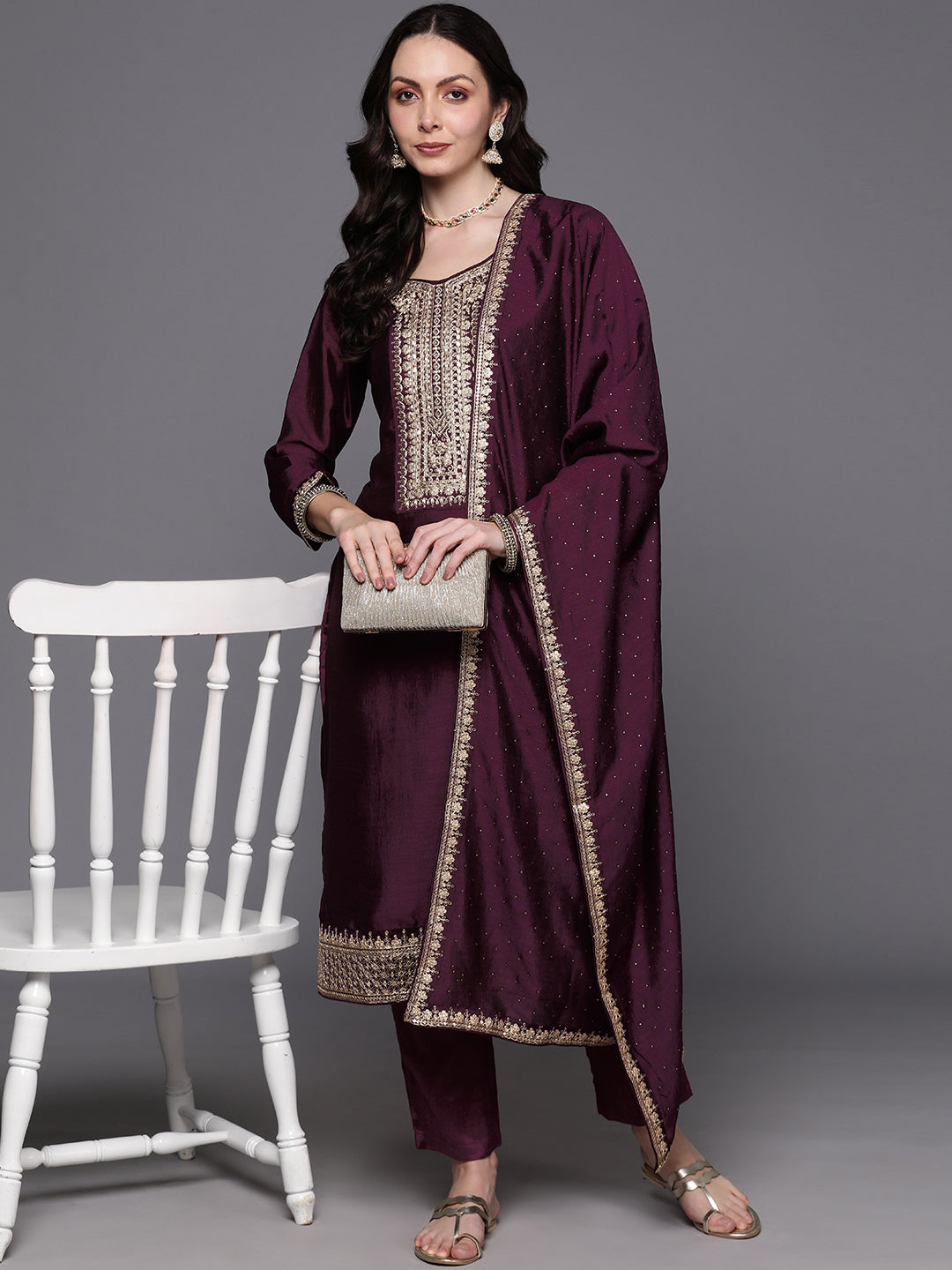 Women's Burgundy Polyester Kurta Set - Taantav