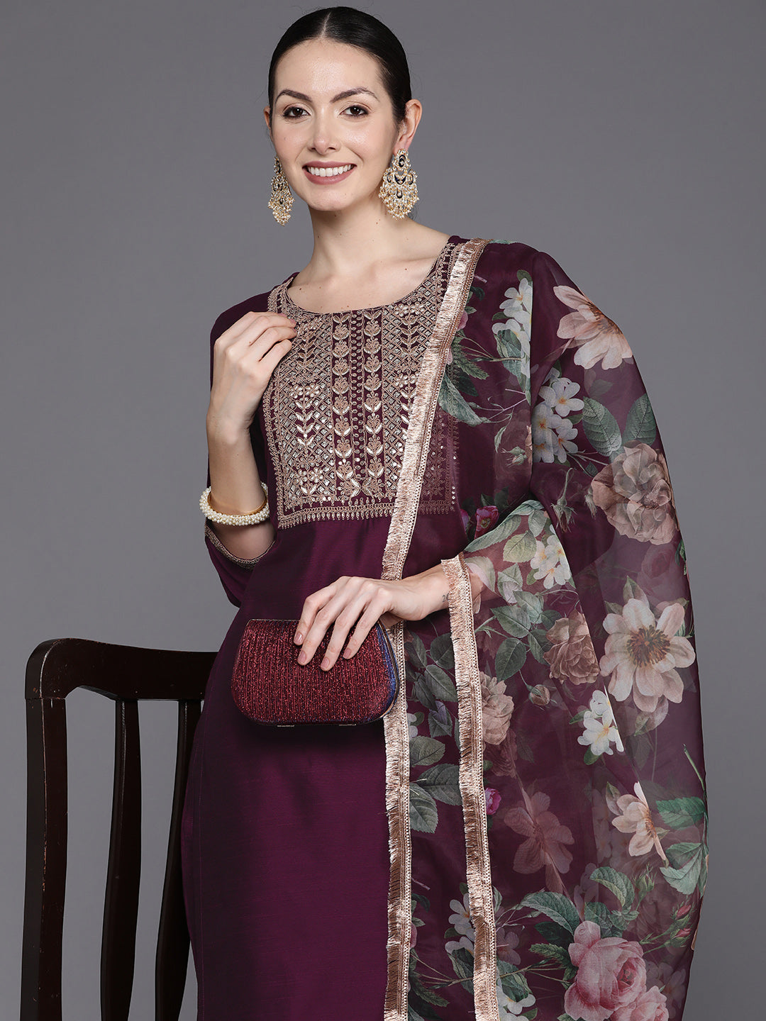 Women's Burgundy Chanderi Silk Kurta Set - Taantav