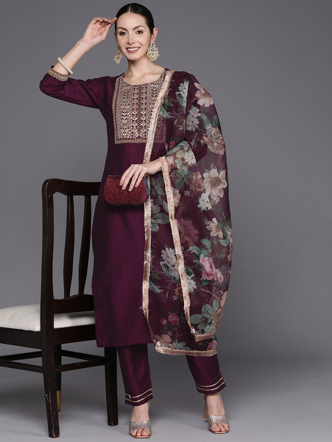 Women's Burgundy Chanderi Silk Kurta Set - Taantav