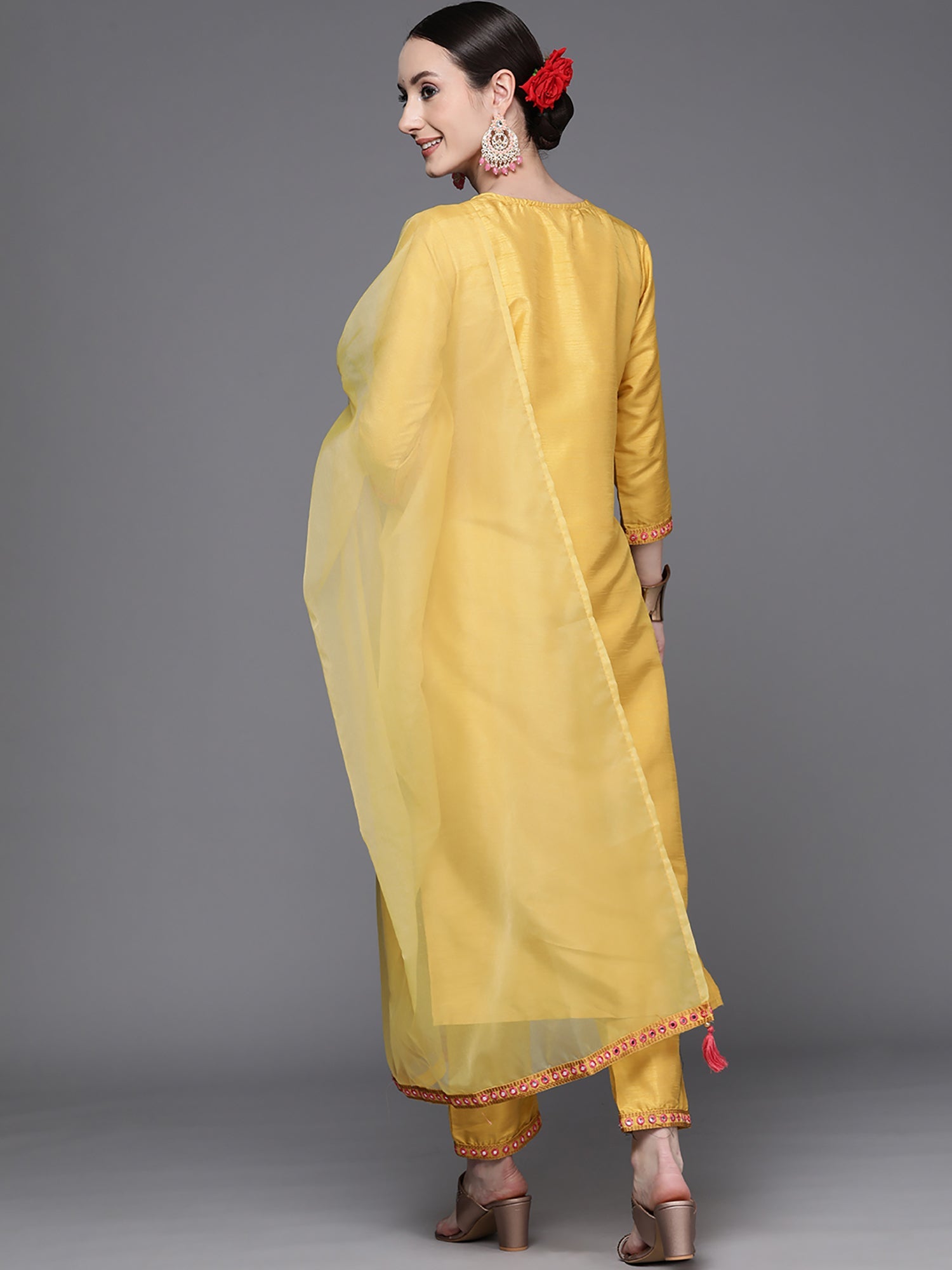 Women's Yellow Polyester Kurta Set - Taantav