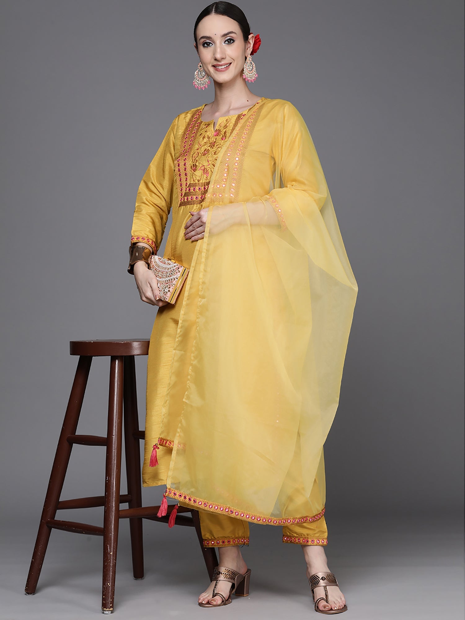 Women's Yellow Polyester Kurta Set - Taantav