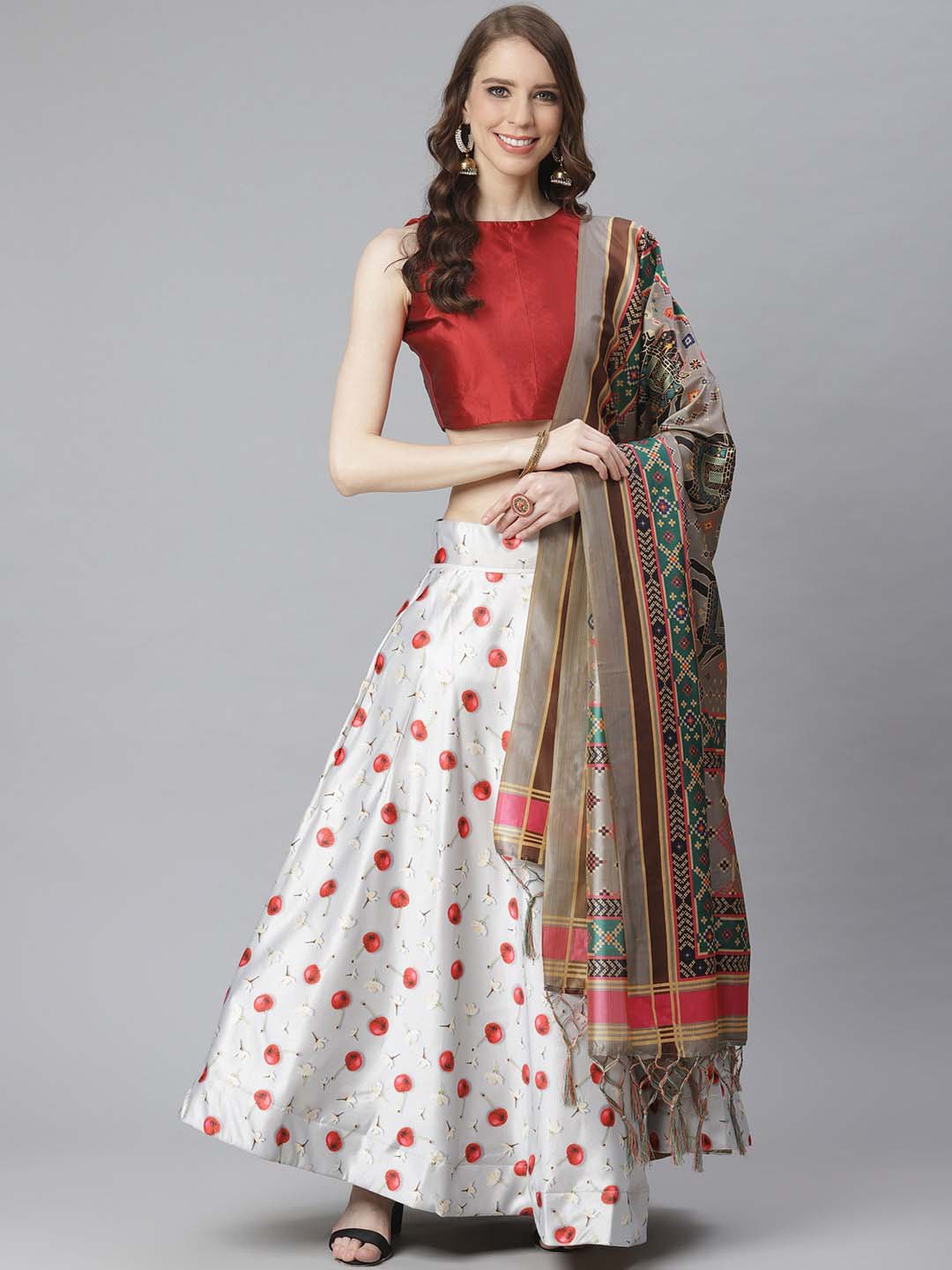 Women's Digital Print Shiney Satin Semistitched Lehenga Choli With Unstitched Blouse And Thred Work Dupatta