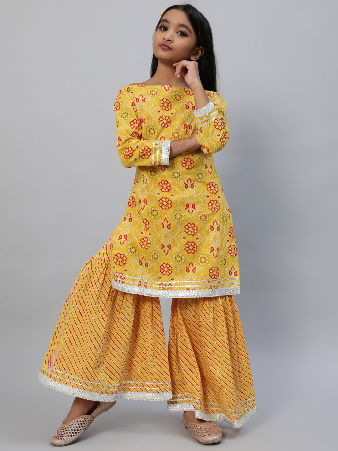 Girl's Yellow Micro Kurta With Sharara - Final Clearance Sale