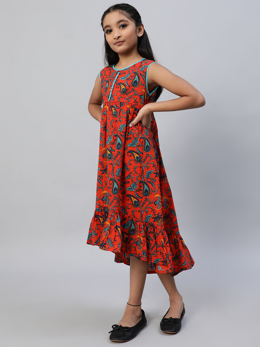 Girl's Red Floral Print A-Line Dress