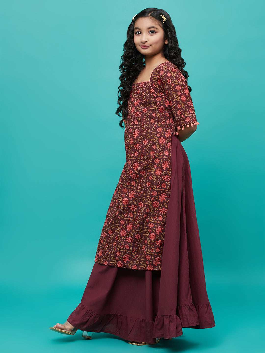 Girl's Maroon Floral Print Kurta With Skirt