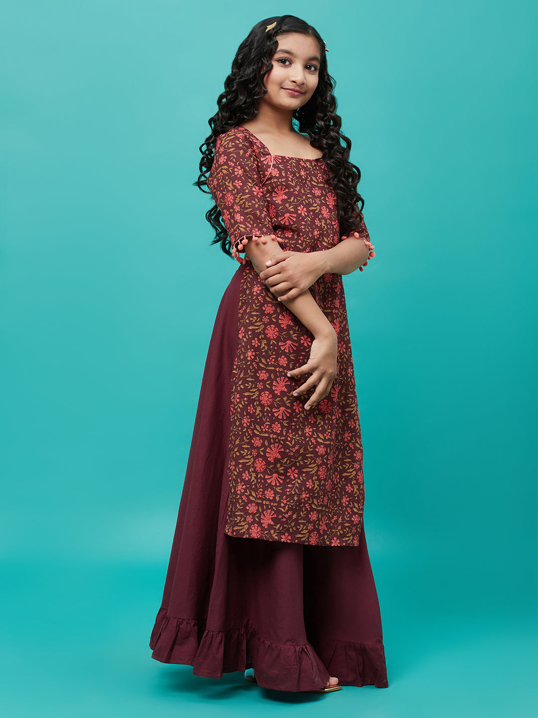 Girl's Maroon Floral Print Kurta With Skirt