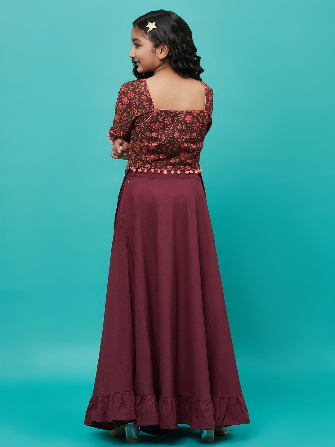 Girl's Maroon Floral Print Kurta With Skirt