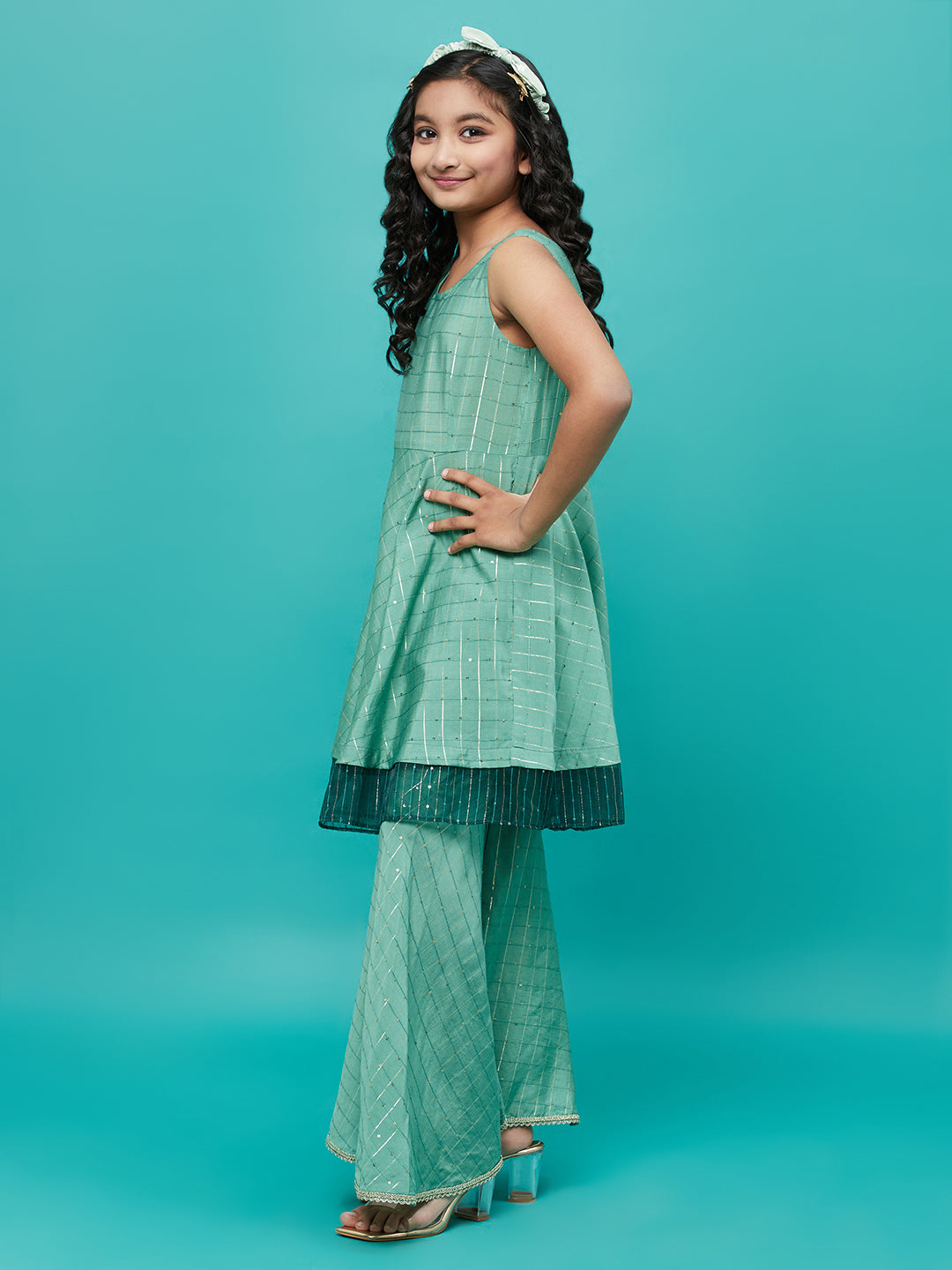 Girl's Green Sequin Kurta Sharara With Dupatta