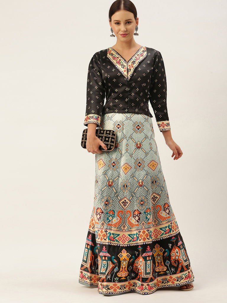 Women's Bandhni Patola Type Digital Print Shiney Satin Croptop Lehenga Choli With Unstitched Blouse