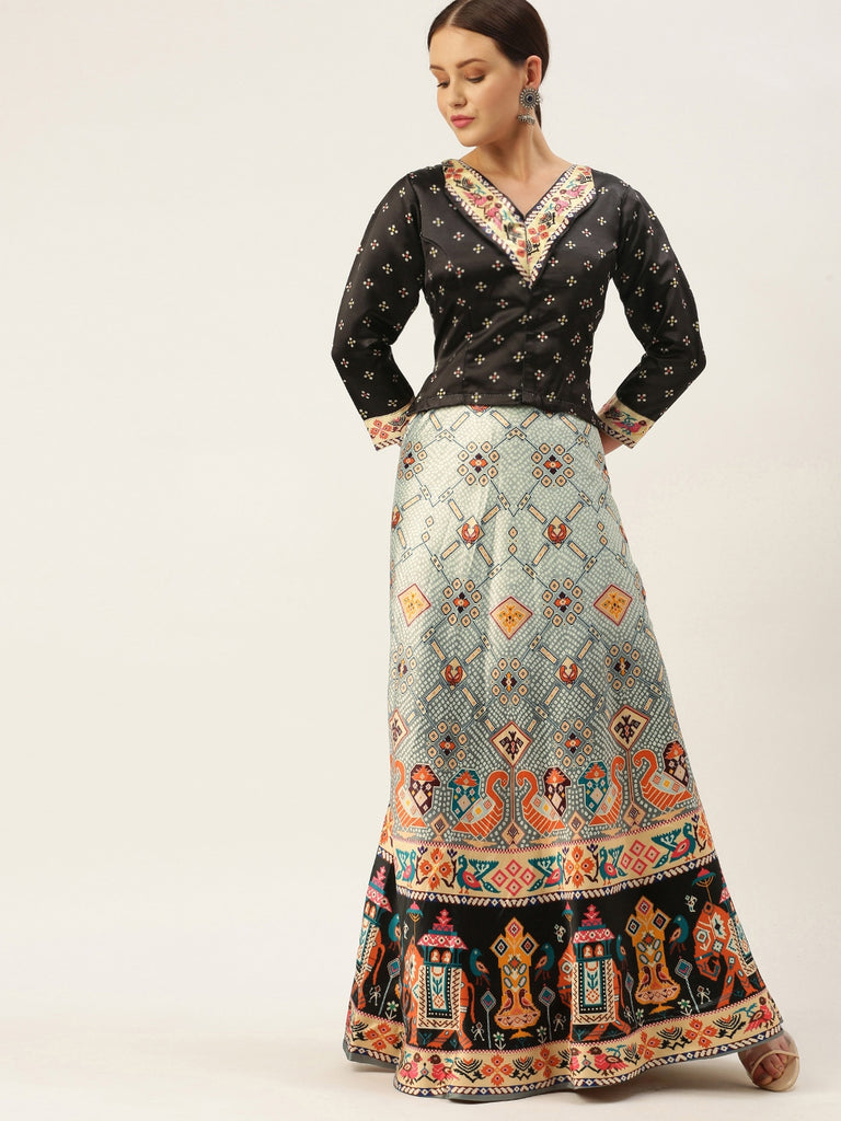 Women's Bandhni Patola Type Digital Print Shiney Satin Croptop Lehenga Choli With Unstitched Blouse