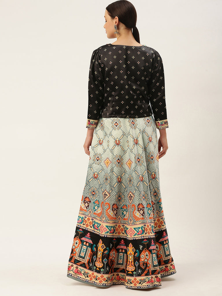 Women's Bandhni Patola Type Digital Print Shiney Satin Croptop Lehenga Choli With Unstitched Blouse